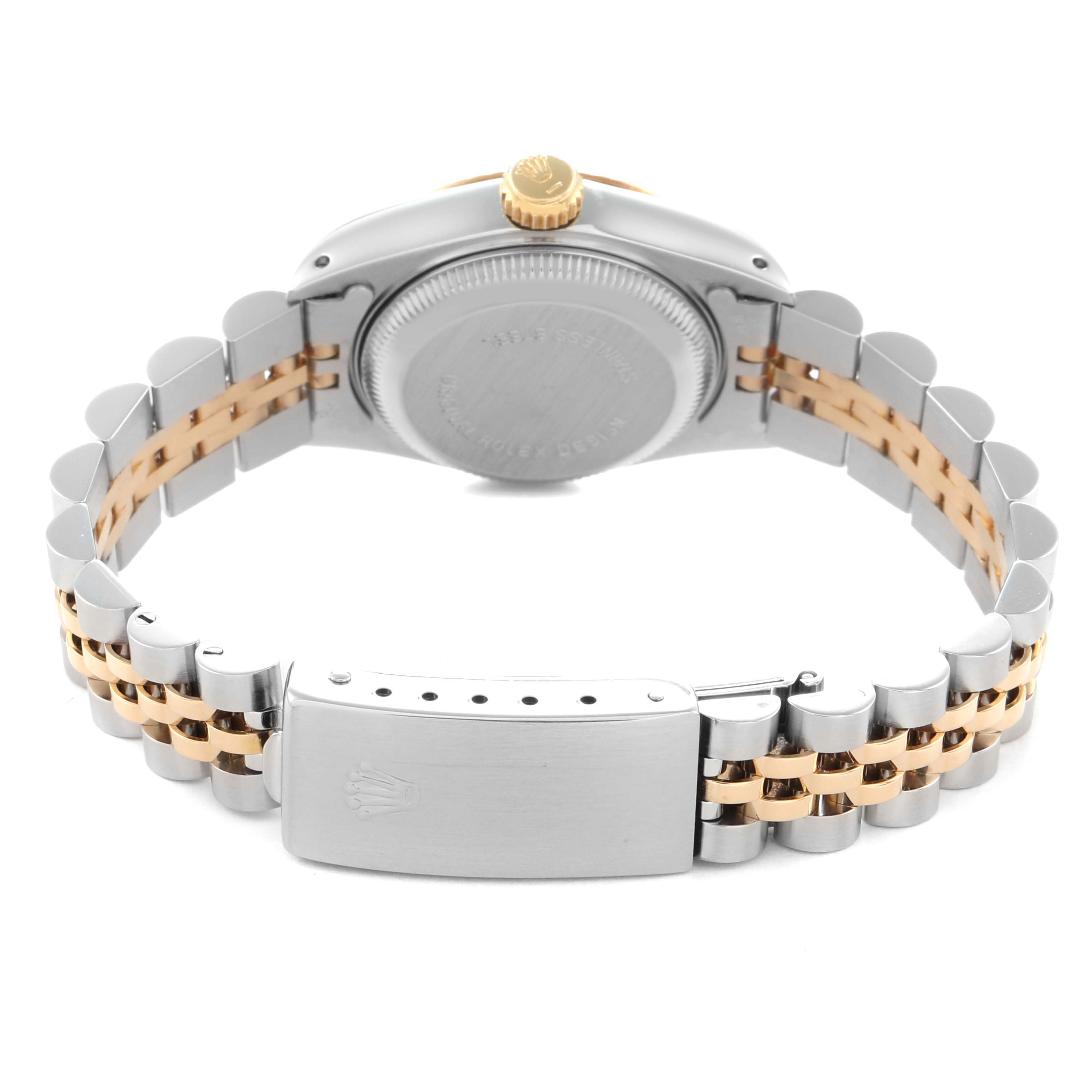 The image shows the back view of a Rolex Datejust 69173 Women
s Steel and Gold (two tone) Champagne Dial 69173 Women
s Steel and Gold (two tone) Champagne Dial, highlighting the case back and two-tone Jubilee bracelet with clasp.
