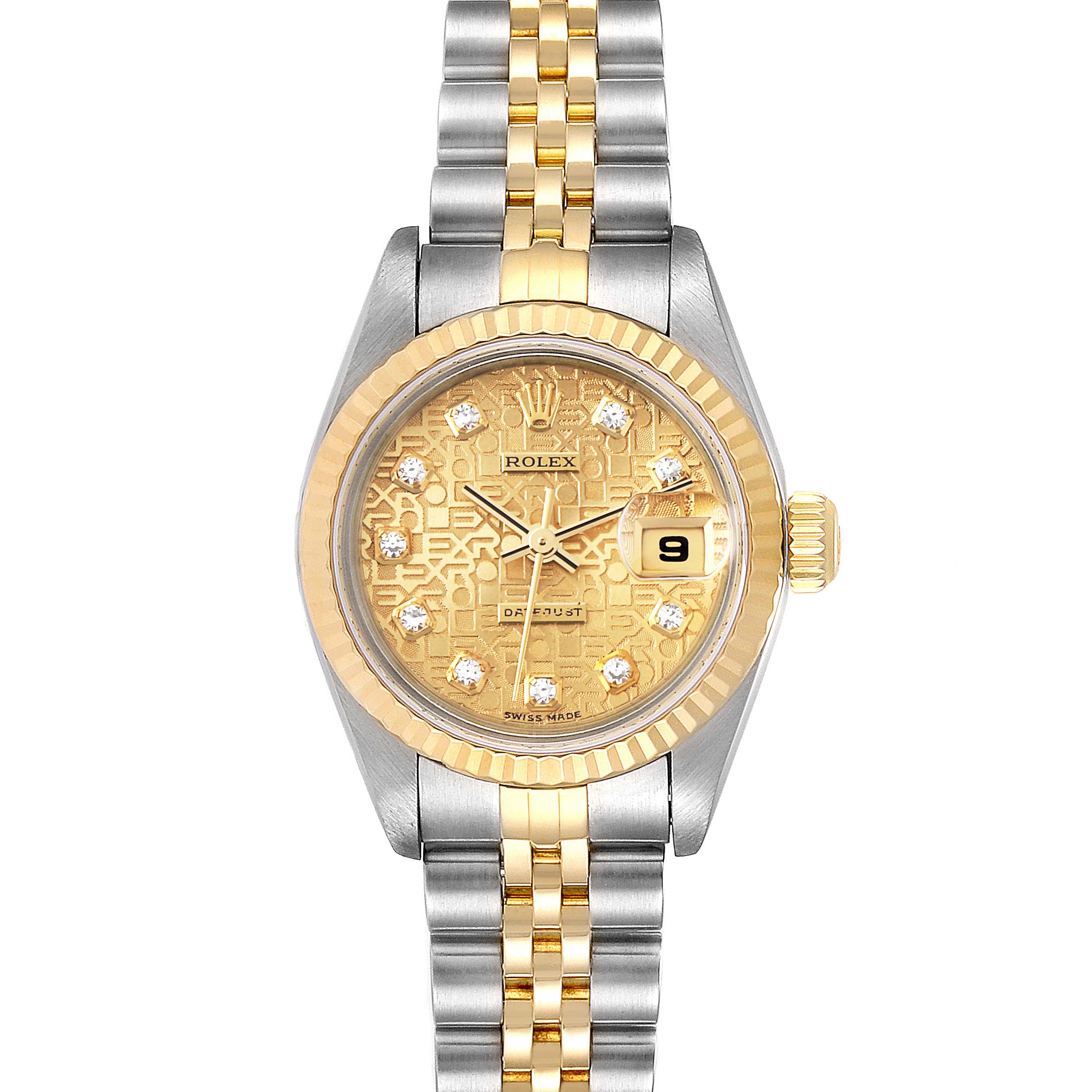 The Rolex Datejust 79173 Women
s Steel and Gold (two tone) Champagne Dial 79173 Women
s Steel and Gold (two tone) Champagne Dial watch is shown from a front angle, displaying its dial, bezel, case, and bracelet.