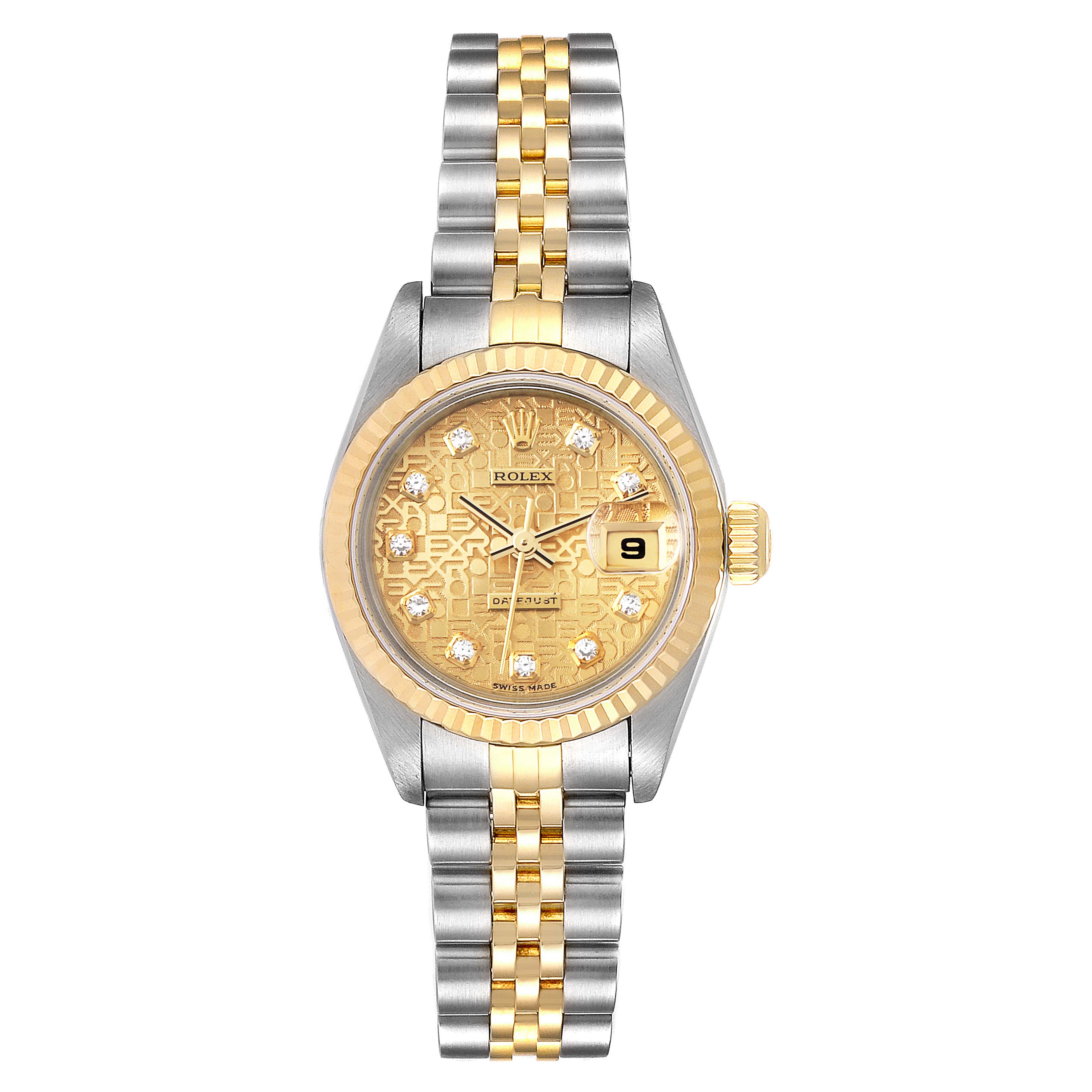 The image shows a front view of the Rolex Datejust 79173 Women
s Steel and Gold (two tone) Champagne Dial 79173 Women
s Steel and Gold (two tone) Champagne Dial watch, highlighting the dial, bezel, and two-tone bracelet.