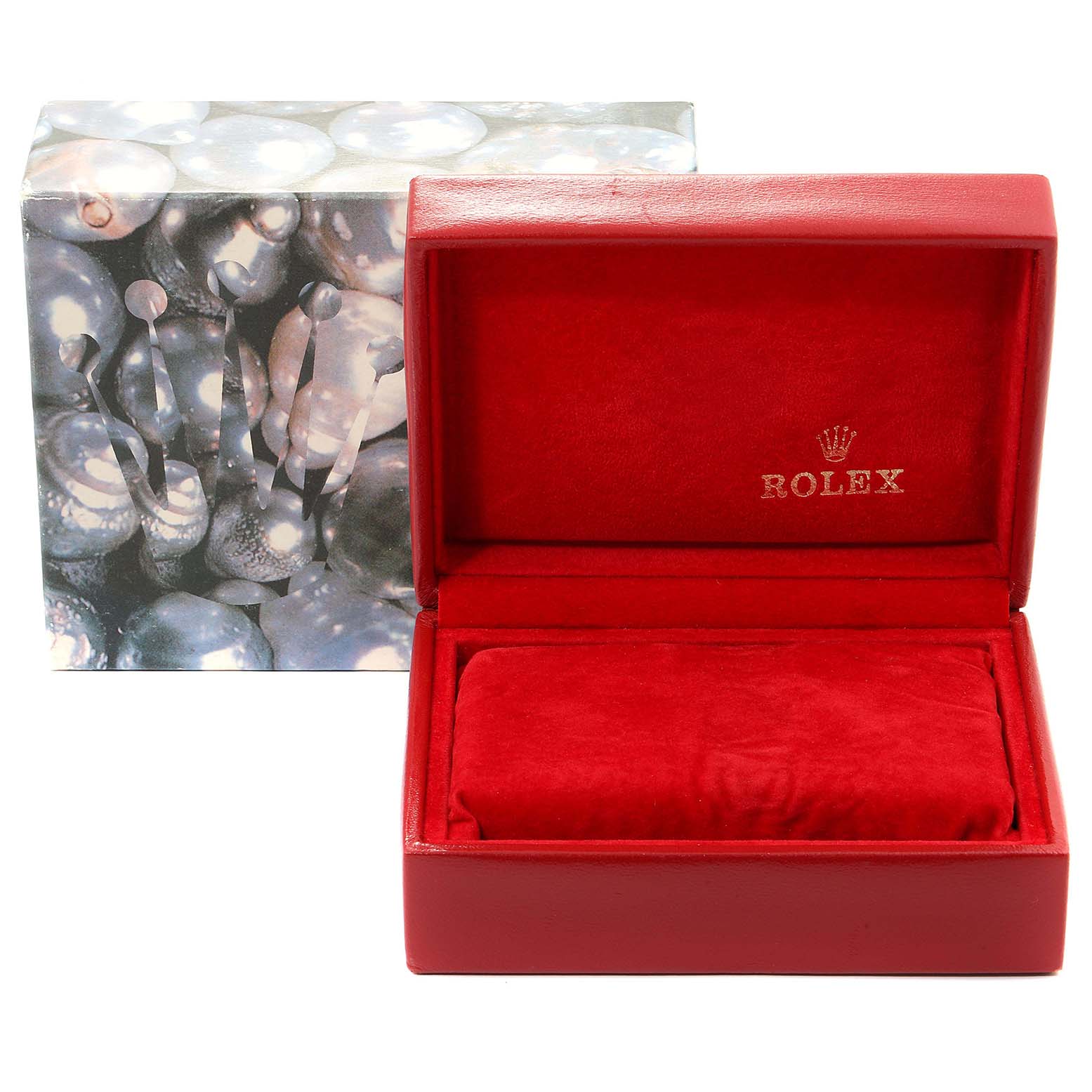 The image shows a red Rolex Datejust 79173 Women
s Steel and Gold (two tone) Champagne Dial 79173 Women
s Steel and Gold (two tone) Champagne Dial watch box and outer decorative case from a front angle.