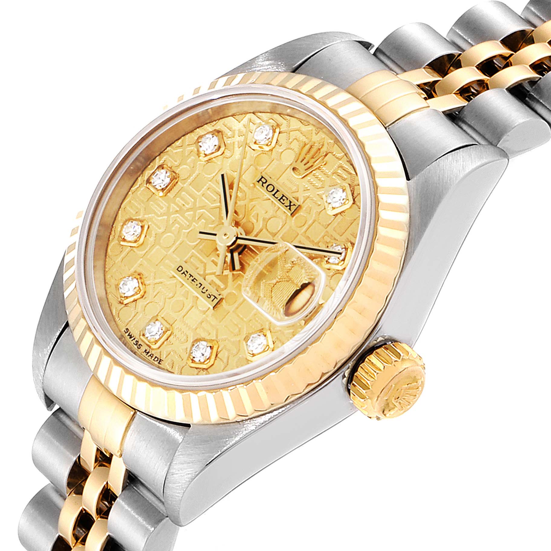 This image shows a close-up of the Rolex Datejust 79173 Women
s Steel and Gold (two tone) Champagne Dial 79173 Women
s Steel and Gold (two tone) Champagne Dial watch, highlighting the gold dial, bezel, and part of the two-tone bracelet.
