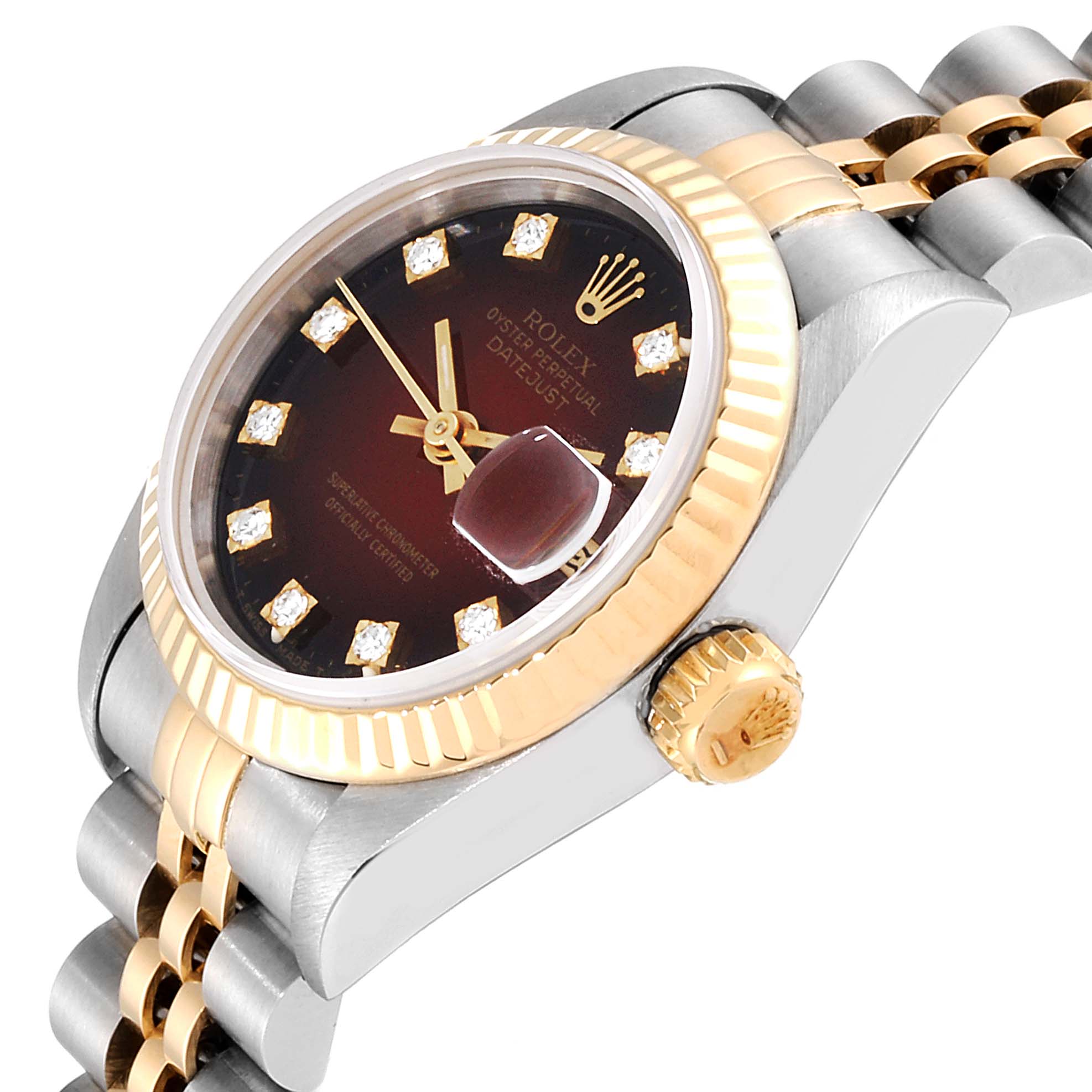 The image shows a close-up, angled view of a Rolex Datejust 69173 Women's Steel and Gold (two tone) Red Dial 69173 Women's Steel and Gold (two tone) Red Dial watch highlighting the dial, bezel, crown, and part of the bracelet.