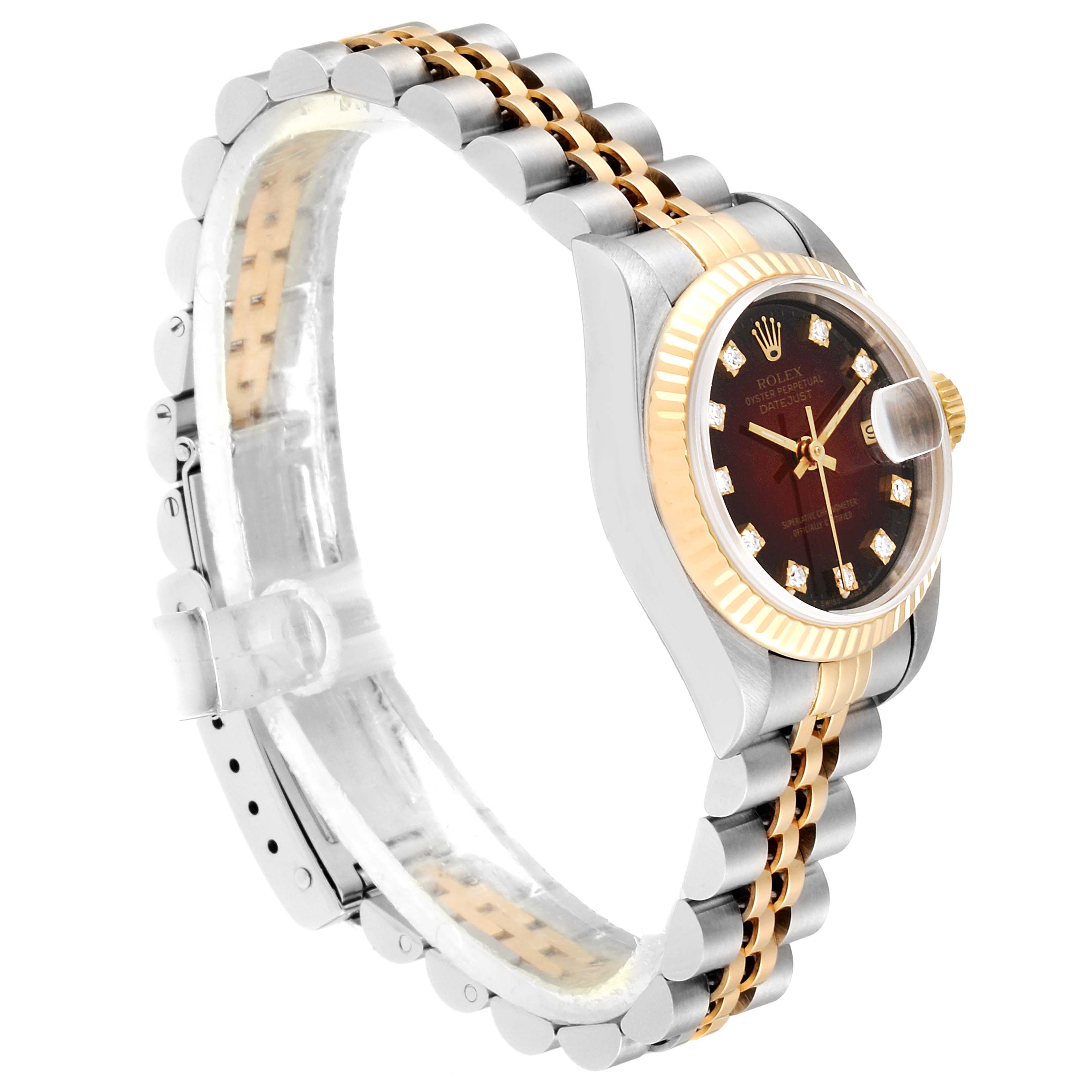 The image shows a Rolex Datejust 69173 Women's Steel and Gold (two tone) Red Dial 69173 Women's Steel and Gold (two tone) Red Dial watch at an angled side view, highlighting its dial, bezel, and Jubilee bracelet.