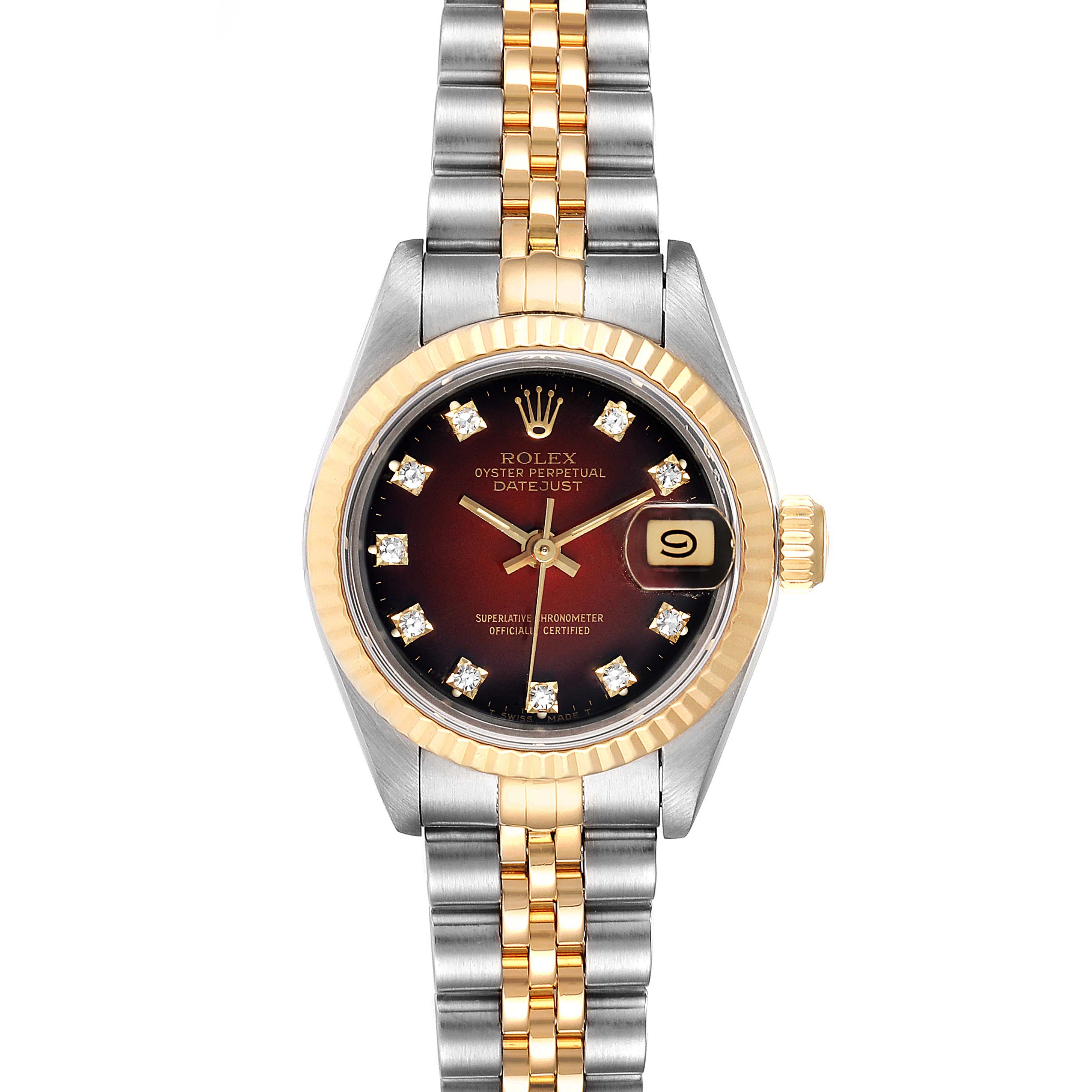 This Rolex Datejust 69173 Women's Steel and Gold (two tone) Red Dial 69173 Women's Steel and Gold (two tone) Red Dial watch is shown from a top-down angle, displaying the face, bezel, crown, and bracelet.