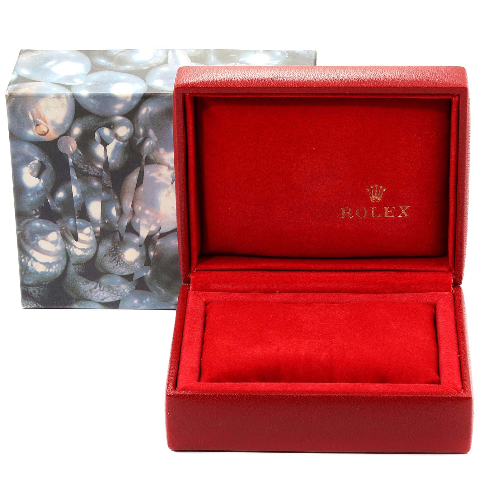 The image shows a Rolex Datejust 69173 Women's Steel and Gold (two tone) Red Dial 69173 Women's Steel and Gold (two tone) Red Dial watch box from the front, featuring a red velvet interior and Rolex logo.