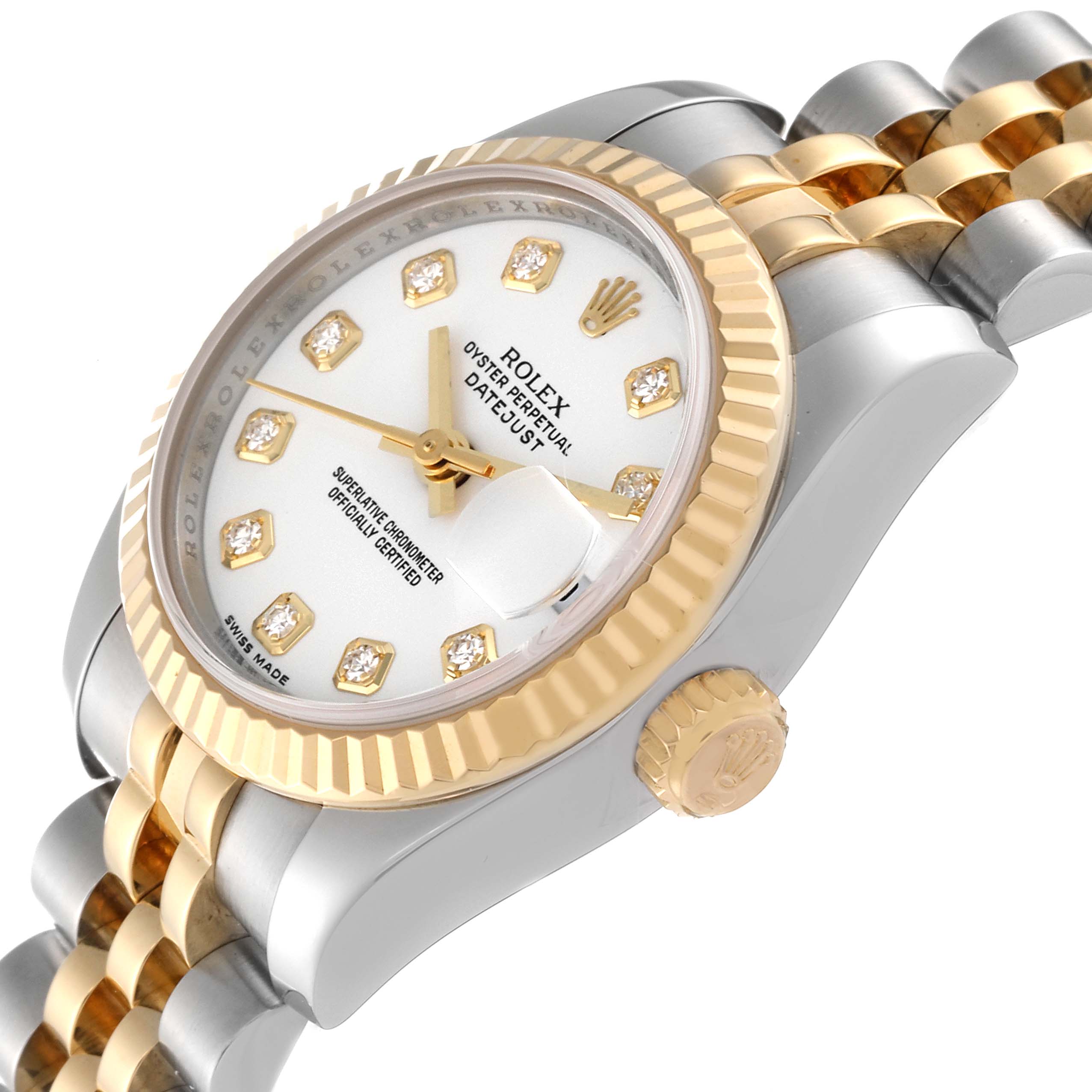 The image shows a close-up angled view of the Rolex Datejust 179173 Women's Steel and Gold (two tone) White Dial 179173 Women's Steel and Gold (two tone) White Dial watch, highlighting the dial, bezel, and part of the bracelet.