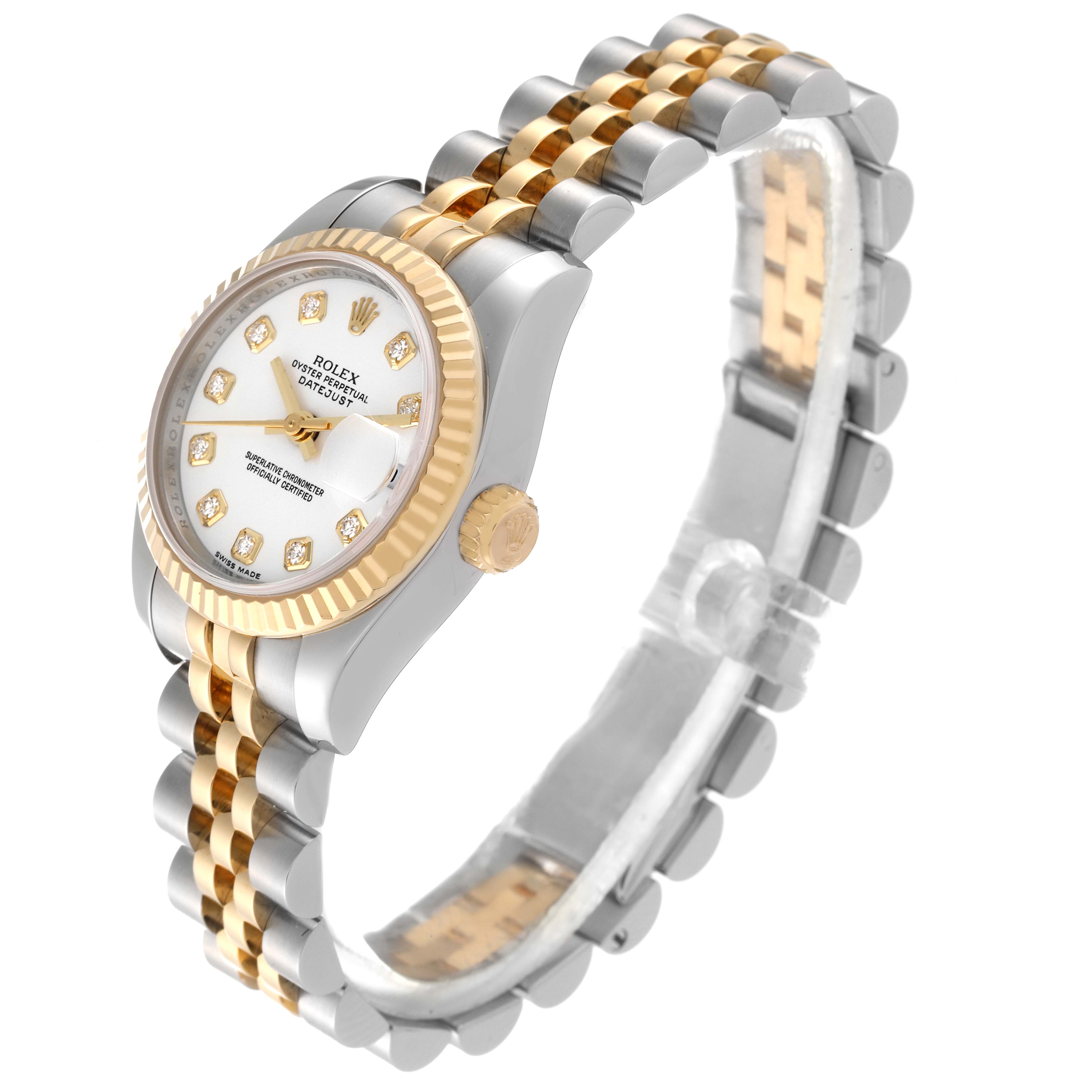 The image shows a Rolex Datejust 179173 Women's Steel and Gold (two tone) White Dial 179173 Women's Steel and Gold (two tone) White Dial watch at an angle showcasing its dial, crown, and two-tone bracelet.