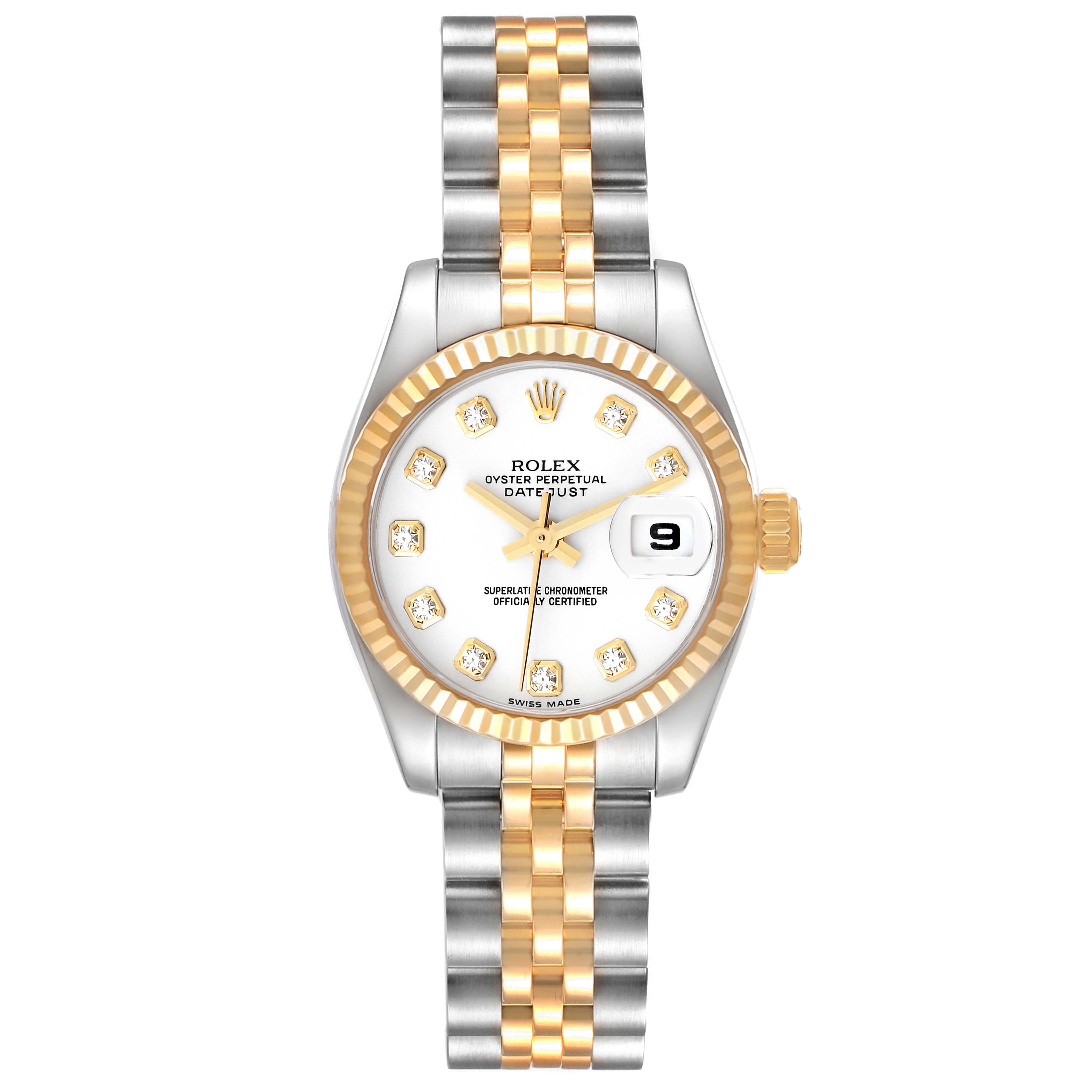 The image shows a front view of a Rolex Datejust 179173 Women's Steel and Gold (two tone) White Dial 179173 Women's Steel and Gold (two tone) White Dial watch with a two-tone bracelet and a white dial.