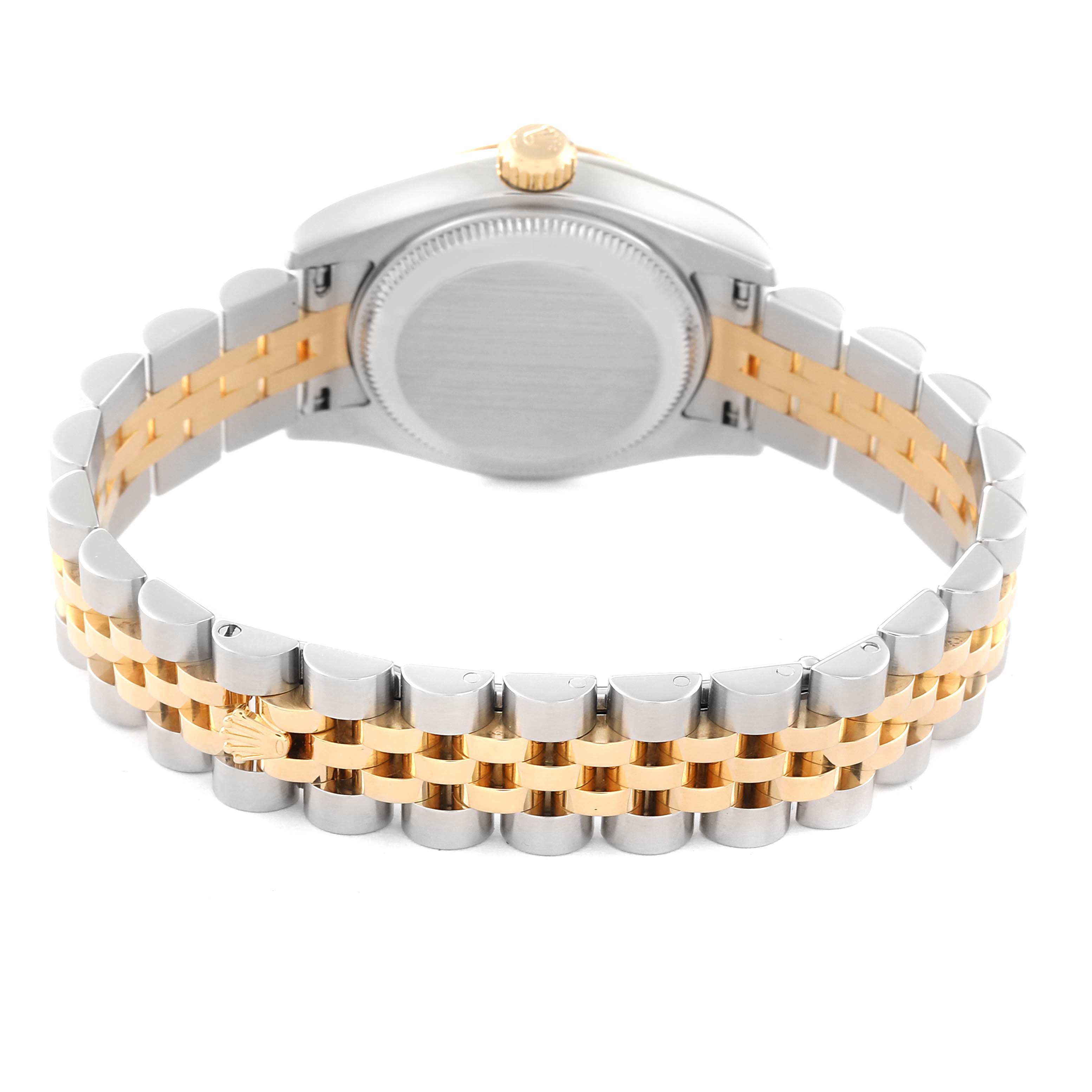 The image shows the back view of a Rolex Datejust 179173 Women's Steel and Gold (two tone) White Dial 179173 Women's Steel and Gold (two tone) White Dial watch, focusing on the case and two-tone bracelet.