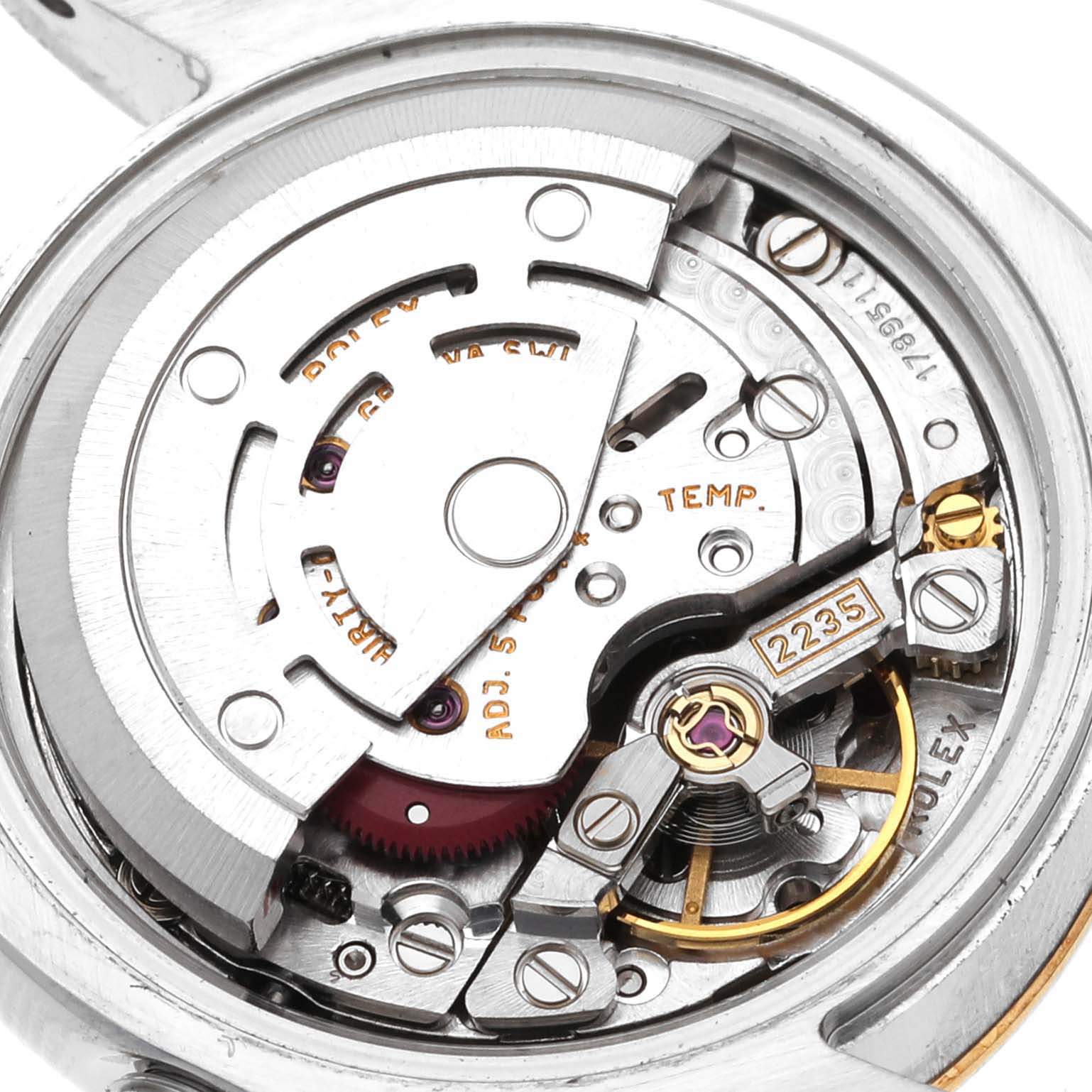 This image shows the movement and internal mechanism of a Rolex Datejust 179173 Women's Steel and Gold (two tone) White Dial 179173 Women's Steel and Gold (two tone) White Dial watch from a top-down angle.