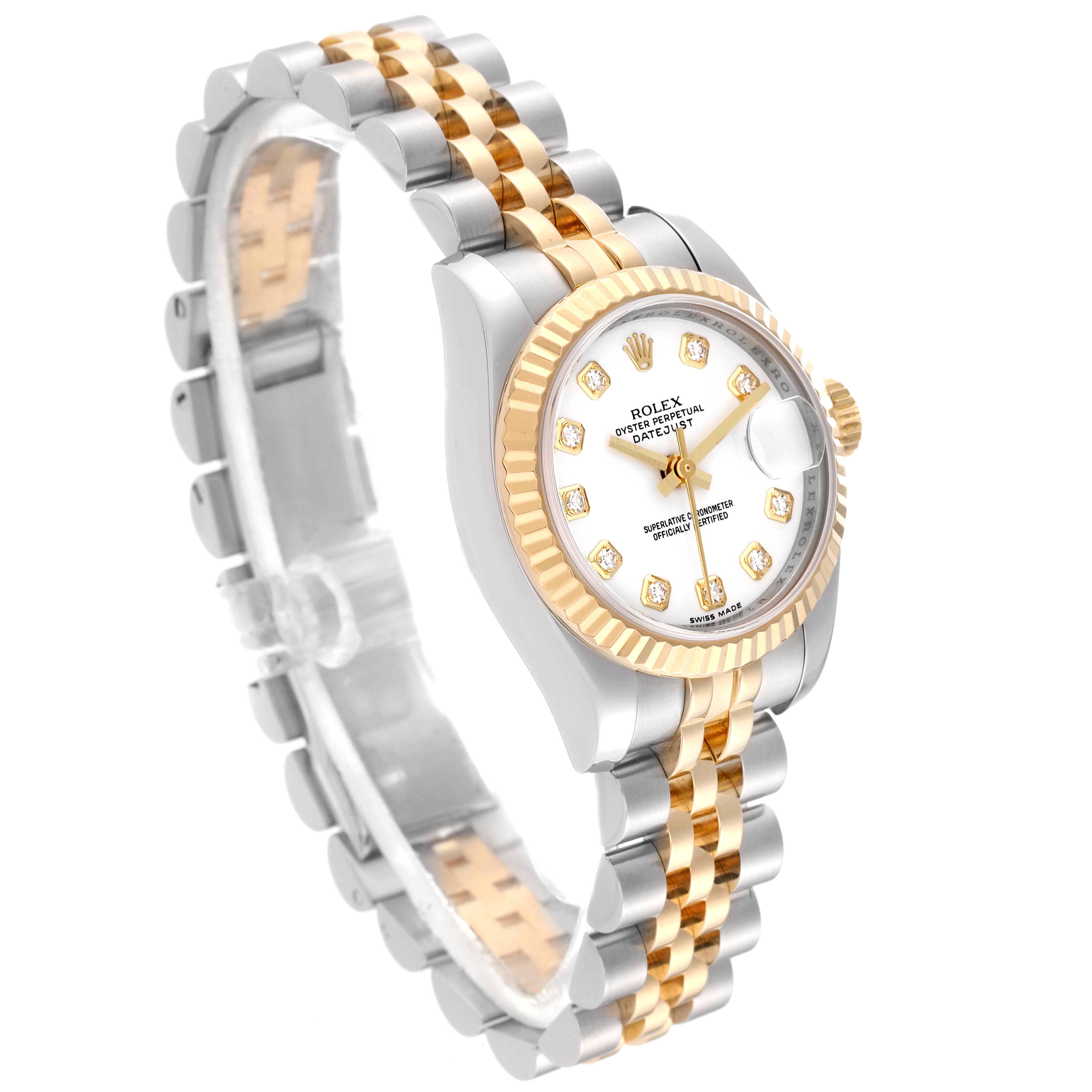 The image shows a Rolex Datejust 179173 Women's Steel and Gold (two tone) White Dial 179173 Women's Steel and Gold (two tone) White Dial watch at a diagonal angle, displaying the bracelet, bezel, dial, and crown.