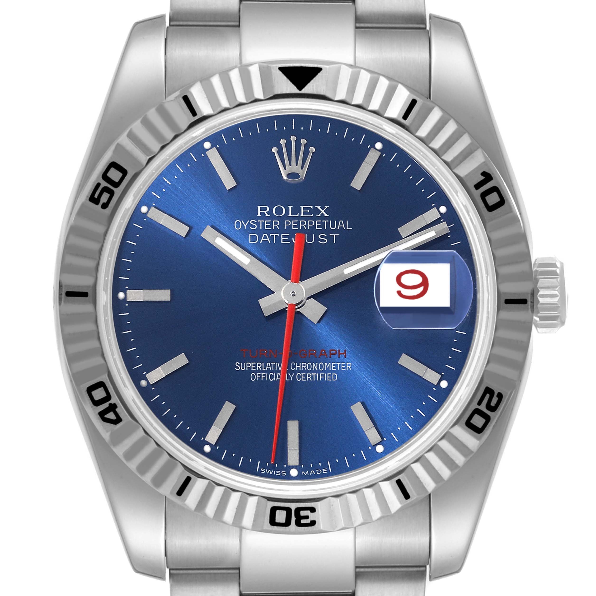 This image shows a frontal view of a Rolex Turn-o-Graph 116264 Men
s Stainless Steel Blue Dial 116264 Men
s Stainless Steel Blue Dial watch, highlighting its blue dial, date window, and rotating bezel.