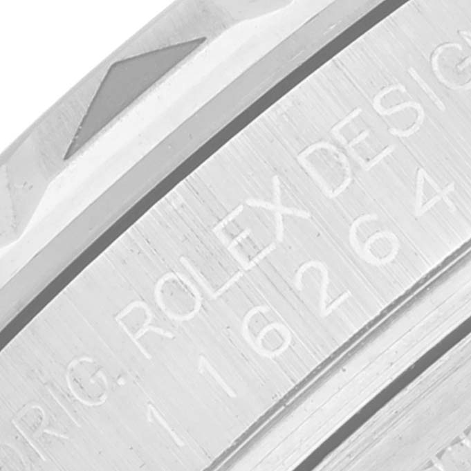 The image shows a close-up of the engraved case back on the Rolex Turn-o-Graph 116264 Men
s Stainless Steel Blue Dial 116264 Men
s Stainless Steel Blue Dial watch.