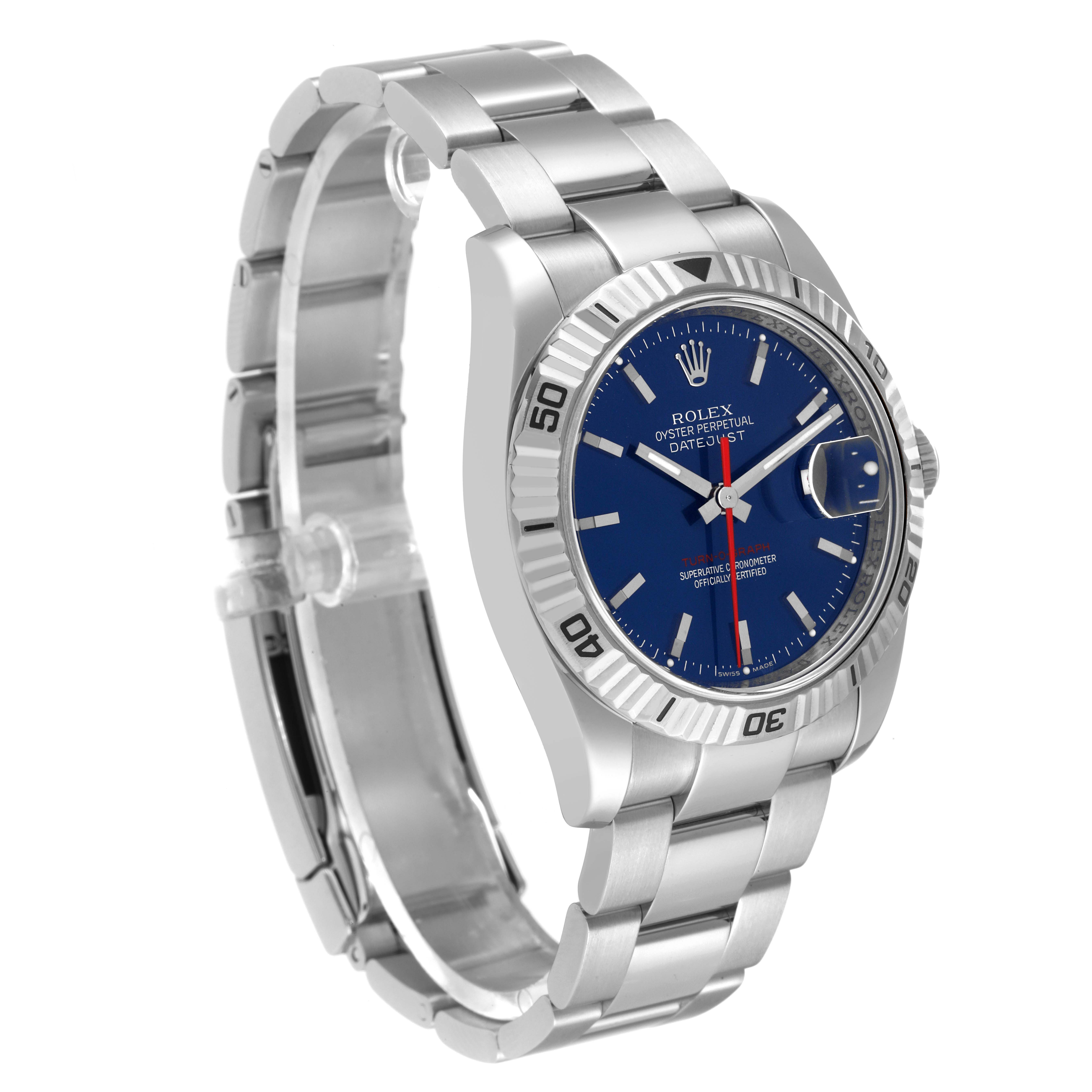 This image shows a side angle view of a Rolex Turn-o-Graph 116264 Men
s Stainless Steel Blue Dial 116264 Men
s Stainless Steel Blue Dial watch, detailing the face, bezel, and stainless steel bracelet.