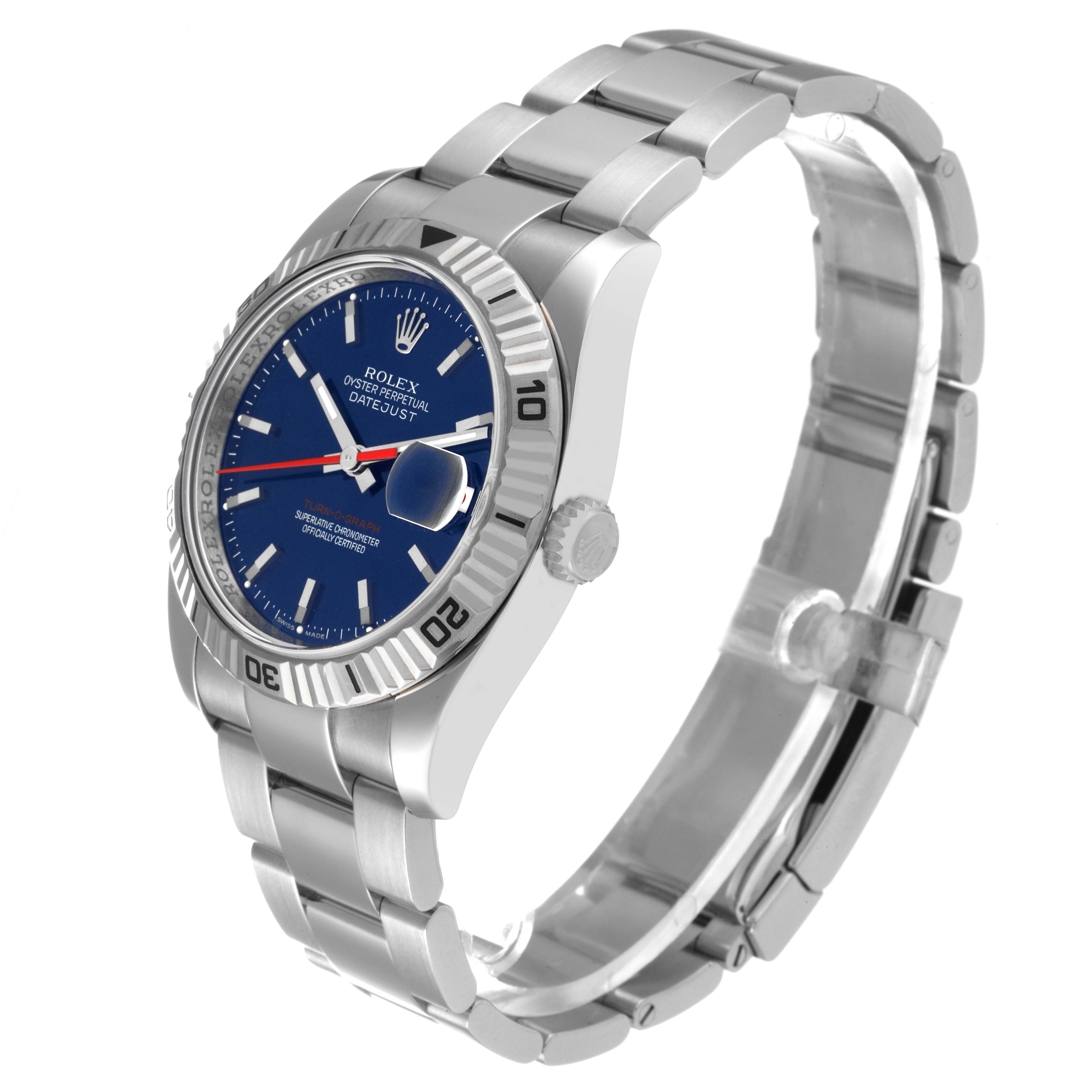 This Rolex Turn-o-Graph 116264 Men
s Stainless Steel Blue Dial 116264 Men
s Stainless Steel Blue Dial watch is shown at an angle highlighting the face, bezel, and partly open bracelet.