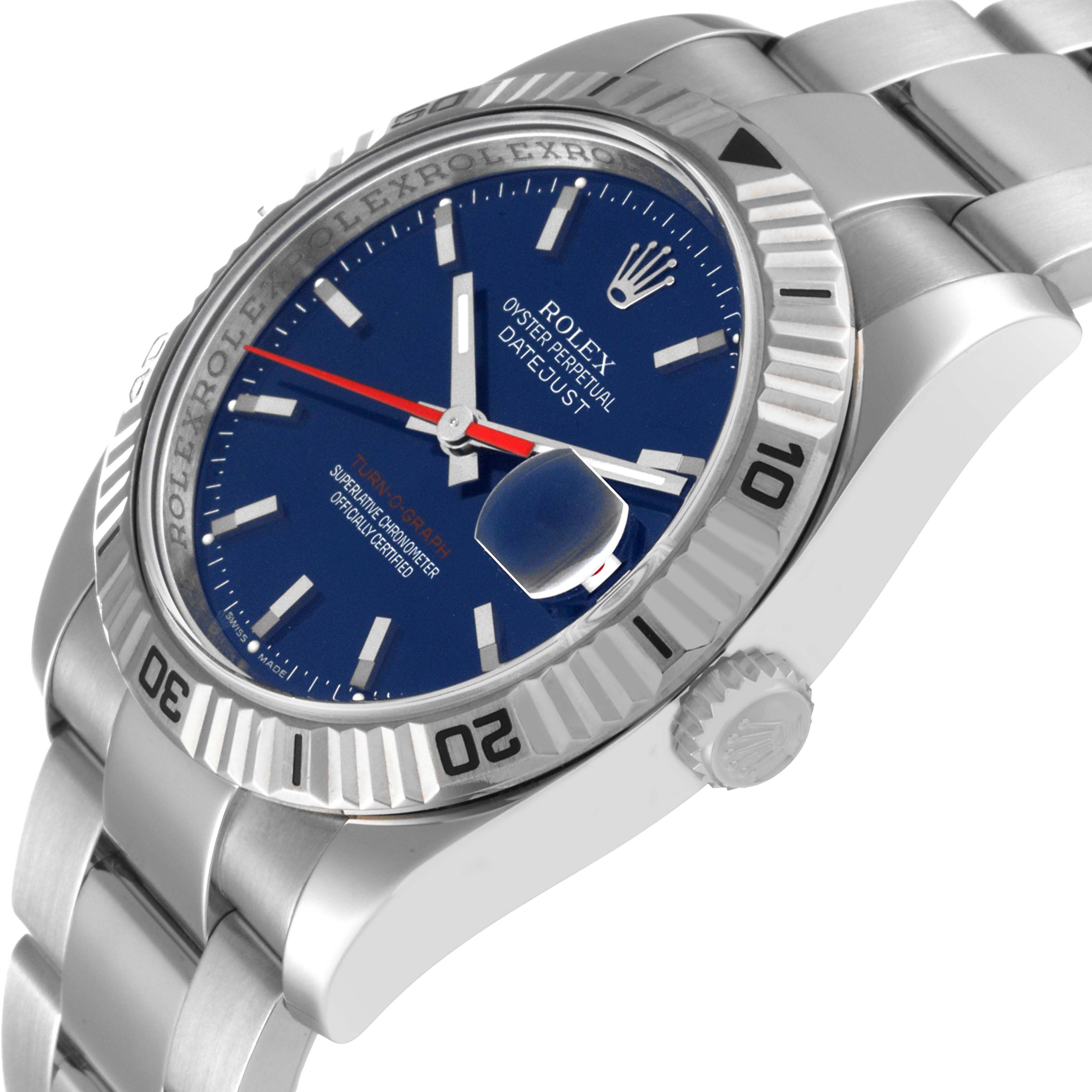 This image shows a close-up angled view of the Rolex Turn-o-Graph 116264 Men
s Stainless Steel Blue Dial 116264 Men
s Stainless Steel Blue Dial watch, highlighting the bezel, dial, crown, and part of the bracelet.
