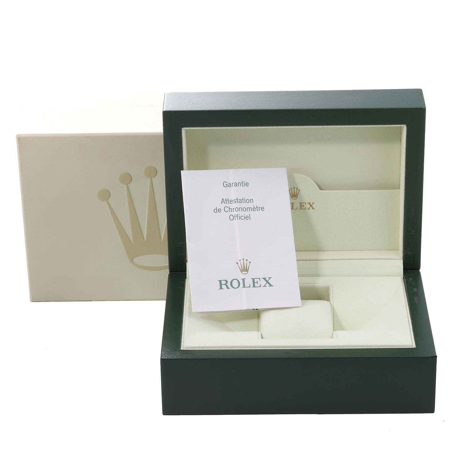This image shows the open box and warranty card for a Rolex Turn-o-Graph 116264 Men
s Stainless Steel Blue Dial 116264 Men
s Stainless Steel Blue Dial watch, with the box lid tilted back.