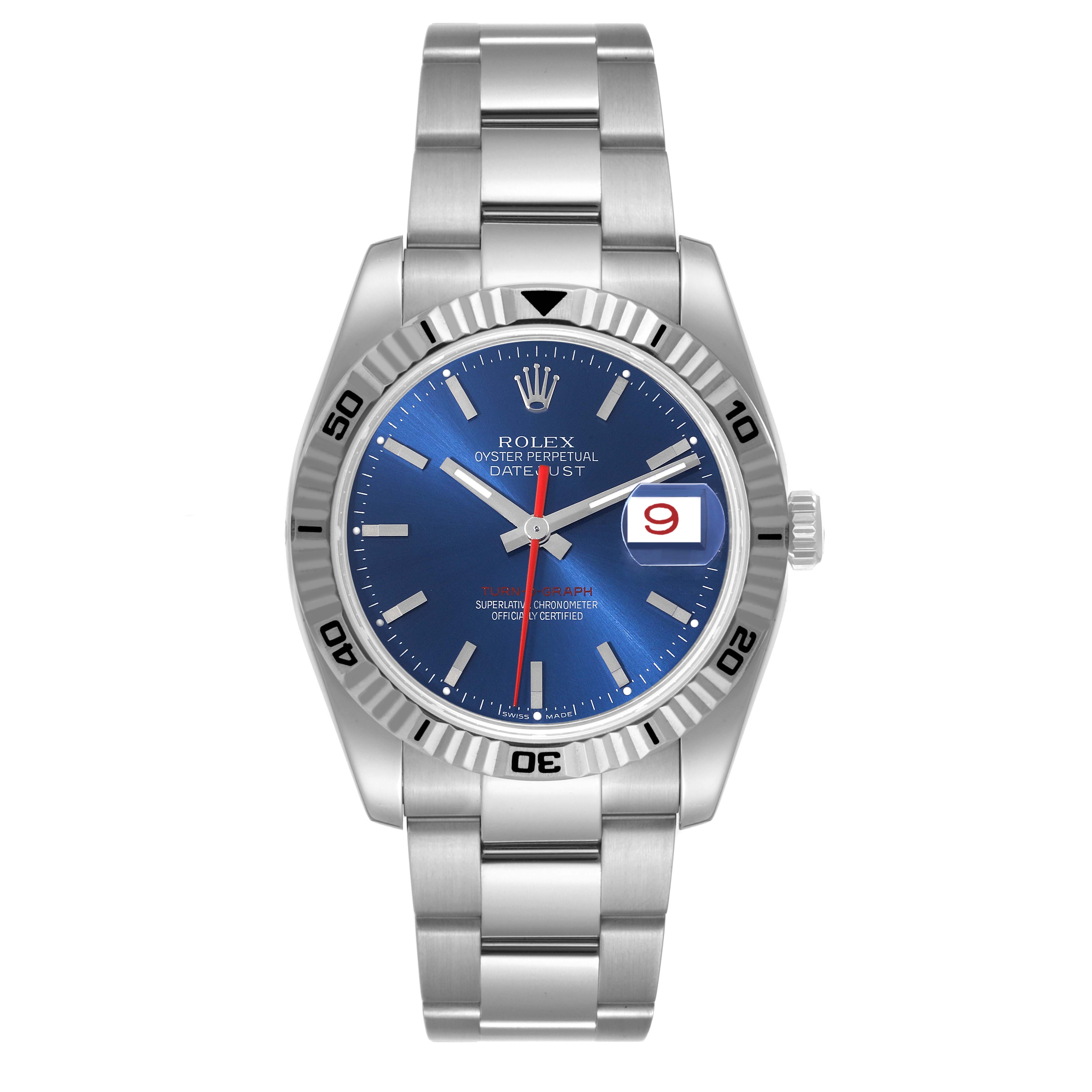 This image shows a front view of a Rolex Turn-o-Graph 116264 Men
s Stainless Steel Blue Dial 116264 Men
s Stainless Steel Blue Dial watch, highlighting its blue dial, date window, and stainless steel bracelet.