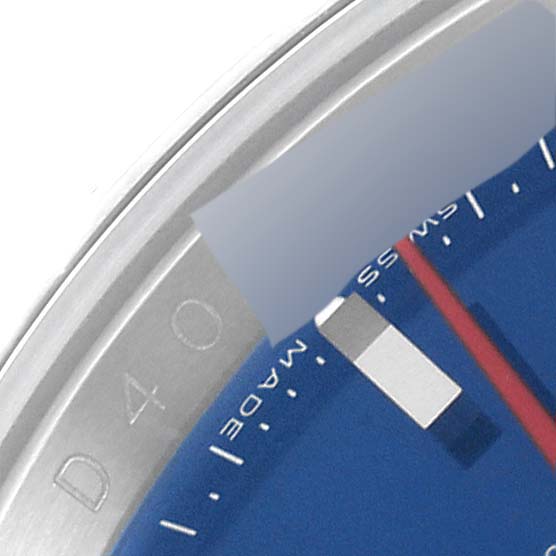 This close-up image of the Rolex Turn-o-Graph 116264 Men
s Stainless Steel Blue Dial 116264 Men
s Stainless Steel Blue Dial model focuses on the bezel, a portion of the blue dial, and the second hand.