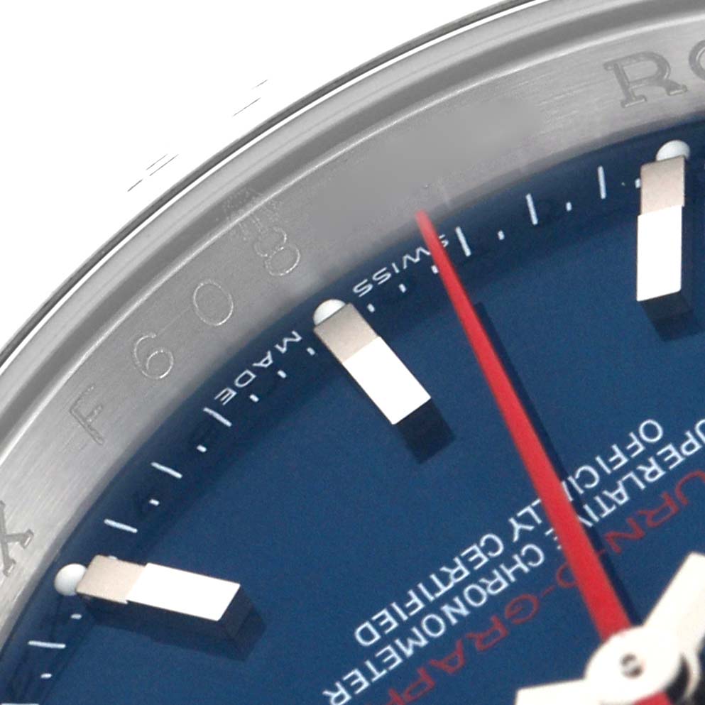 The image shows a close-up of the dial and bezel of a Rolex Turn-o-Graph 116264 Men
s Stainless Steel Blue Dial 116264 Men
s Stainless Steel Blue Dial watch, highlighting the markers and text on the face.