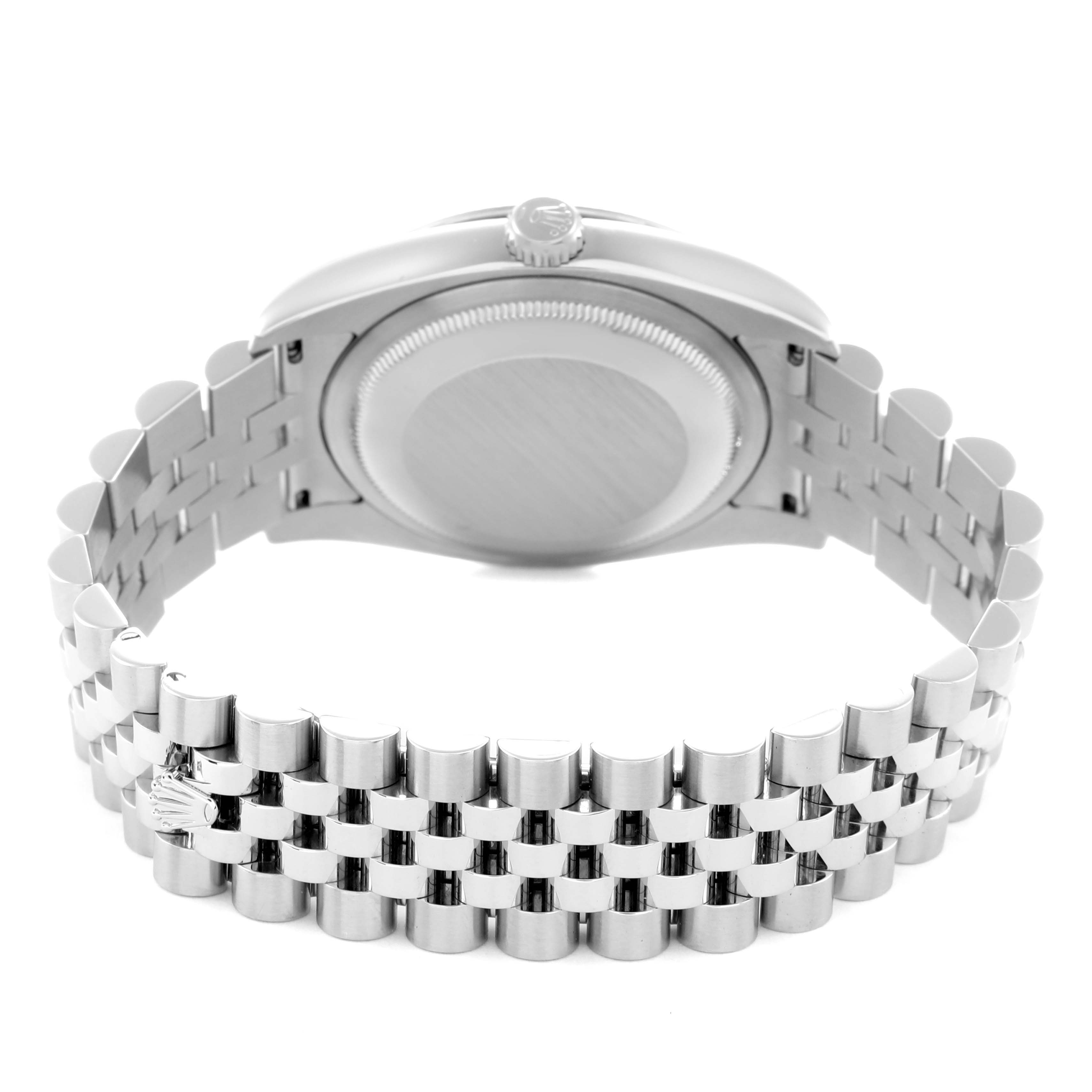 The image shows the back view of a Rolex Turn-o-Graph 116264 Men
s Stainless Steel Blue Dial 116264 Men
s Stainless Steel Blue Dial watch, highlighting the case back and bracelet.