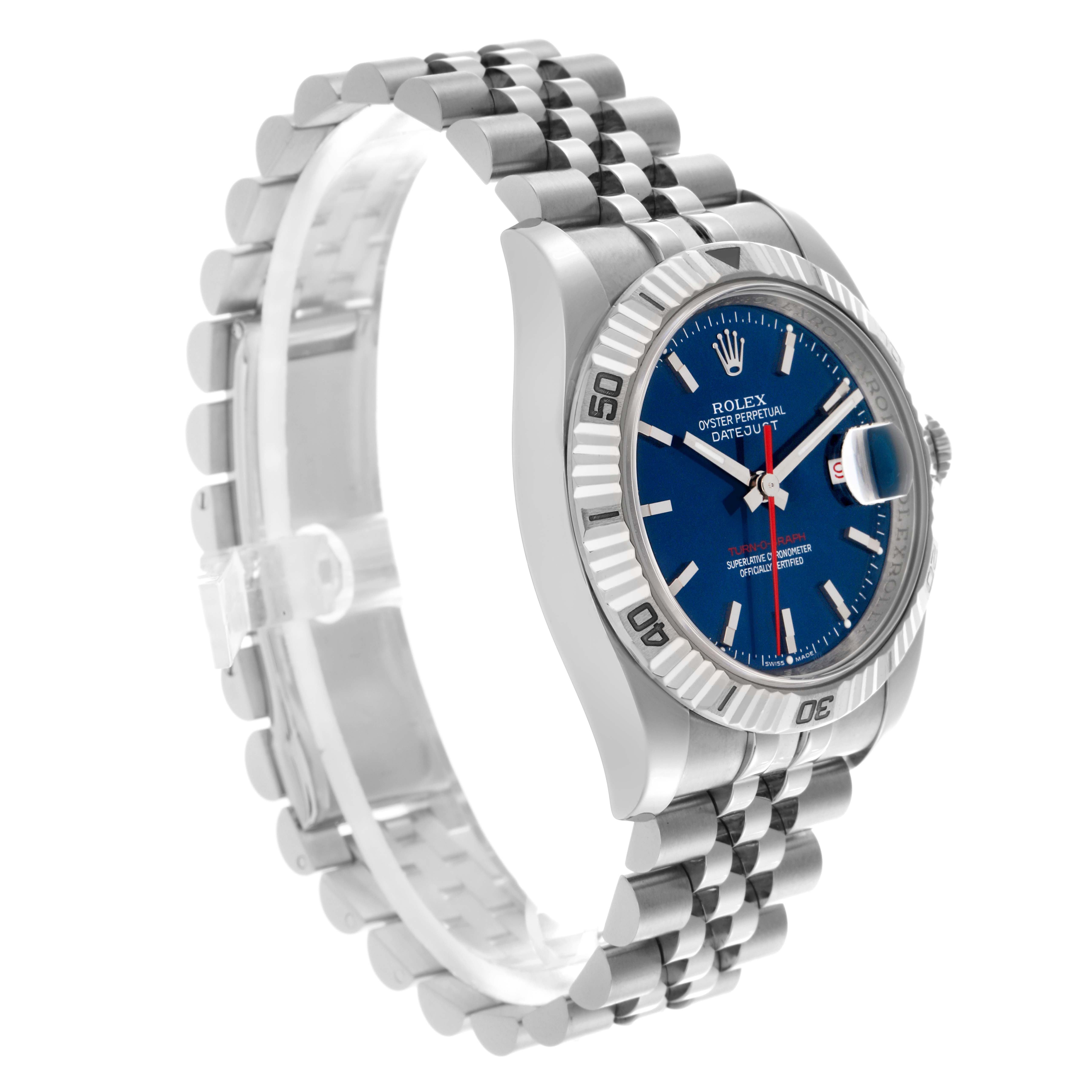 The Rolex Turn-o-Graph 116264 Men
s Stainless Steel Blue Dial 116264 Men
s Stainless Steel Blue Dial watch is shown at a three-quarter angle, highlighting its bezel, dial, and Jubilee bracelet.
