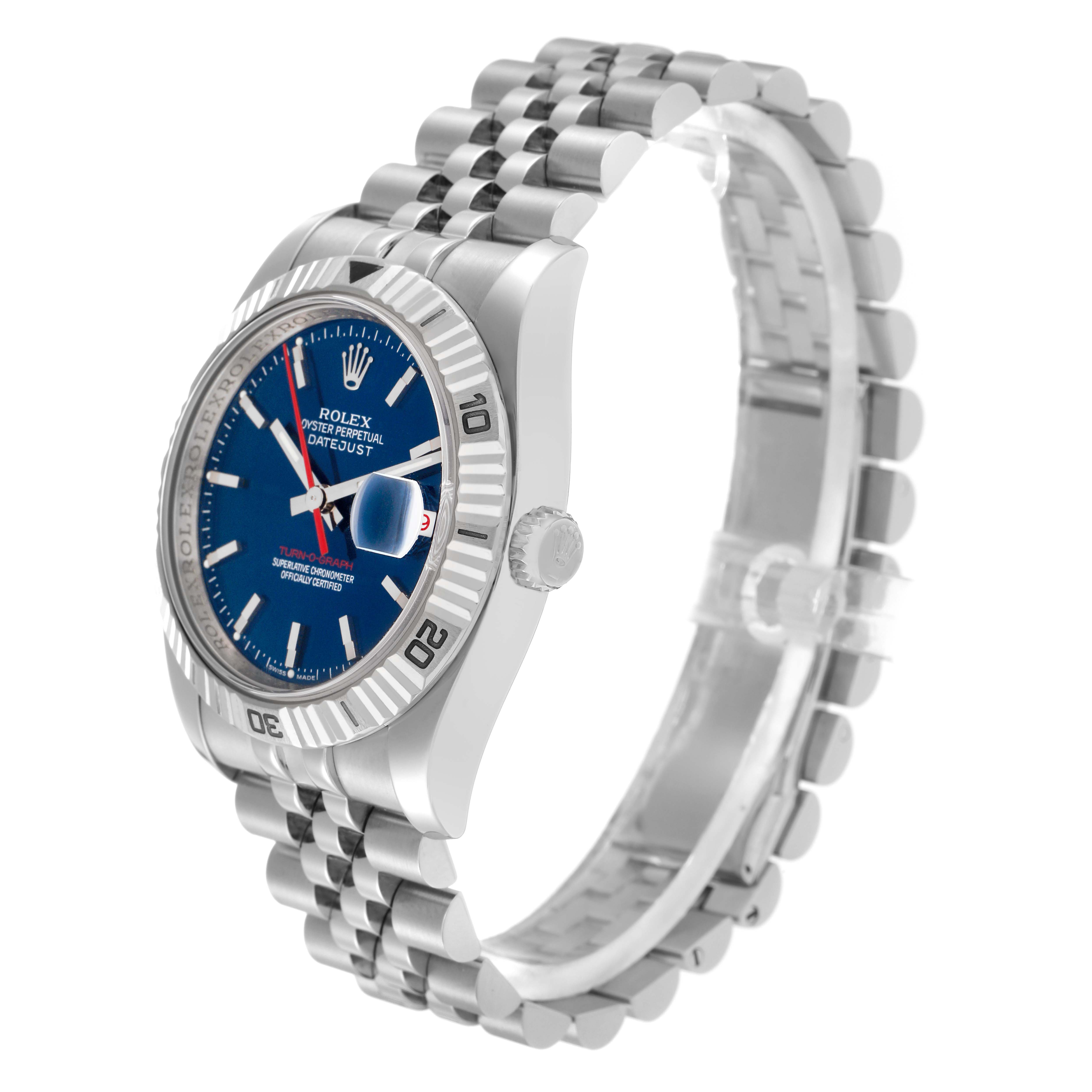 The Rolex Turn-o-Graph 116264 Men
s Stainless Steel Blue Dial 116264 Men
s Stainless Steel Blue Dial watch is shown at a front-side angle, displaying the face, bezel, crown, and bracelet.