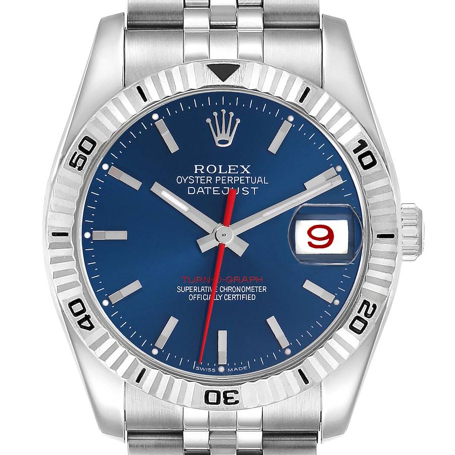 The Rolex Turn-o-Graph watch is shown from the front, highlighting the bezel, dial, hands, and date window.