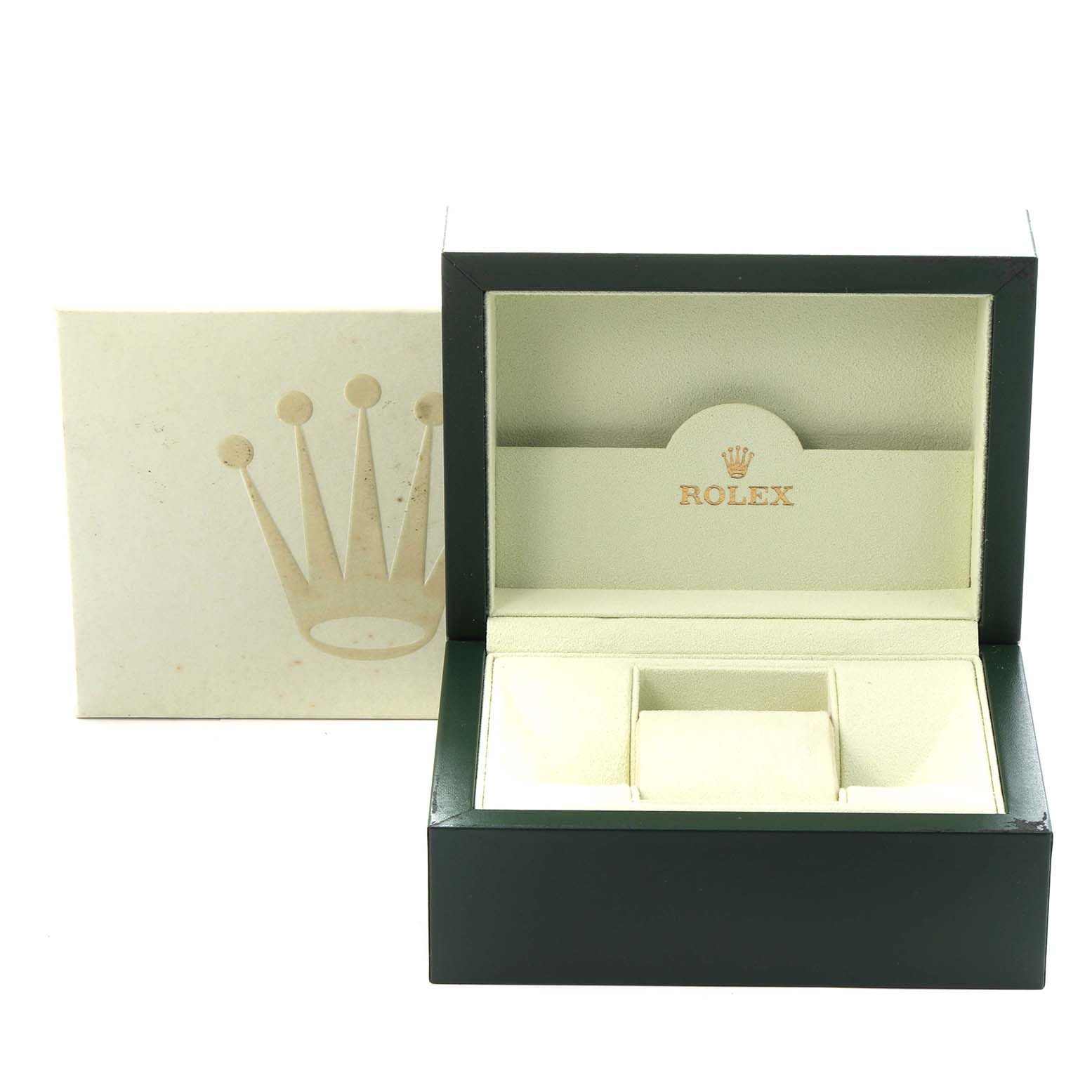 The image shows an open Rolex Turn-o-Graph 116264 Men
s Stainless Steel Blue Dial 116264 Men
s Stainless Steel Blue Dial watch box, viewed from the front, with its cushion and the Rolex logo visible.