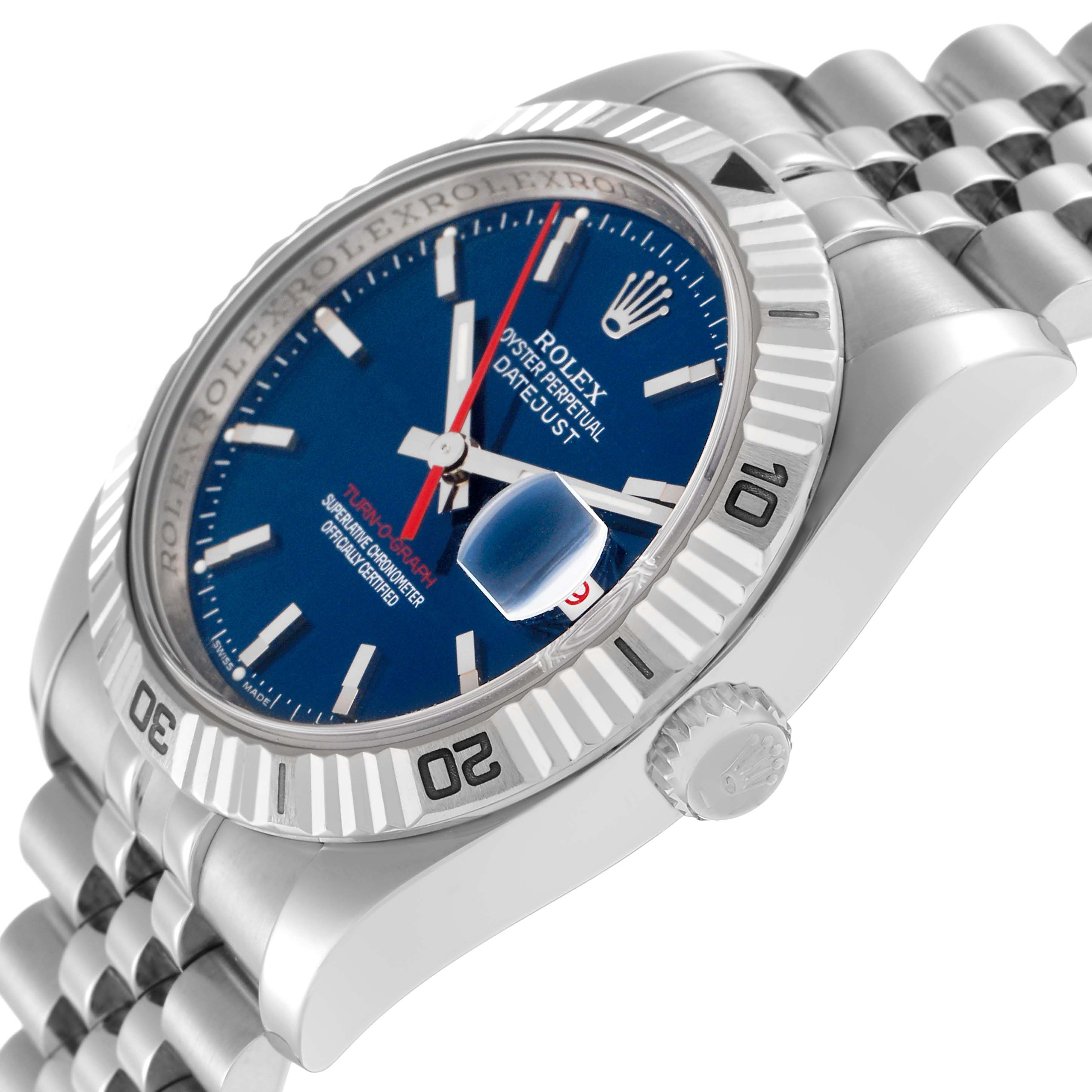 The Rolex Turn-o-Graph 116264 Men
s Stainless Steel Blue Dial 116264 Men
s Stainless Steel Blue Dial watch is shown at a semi-side angle, highlighting the bezel, crown, dial, and partial bracelet.