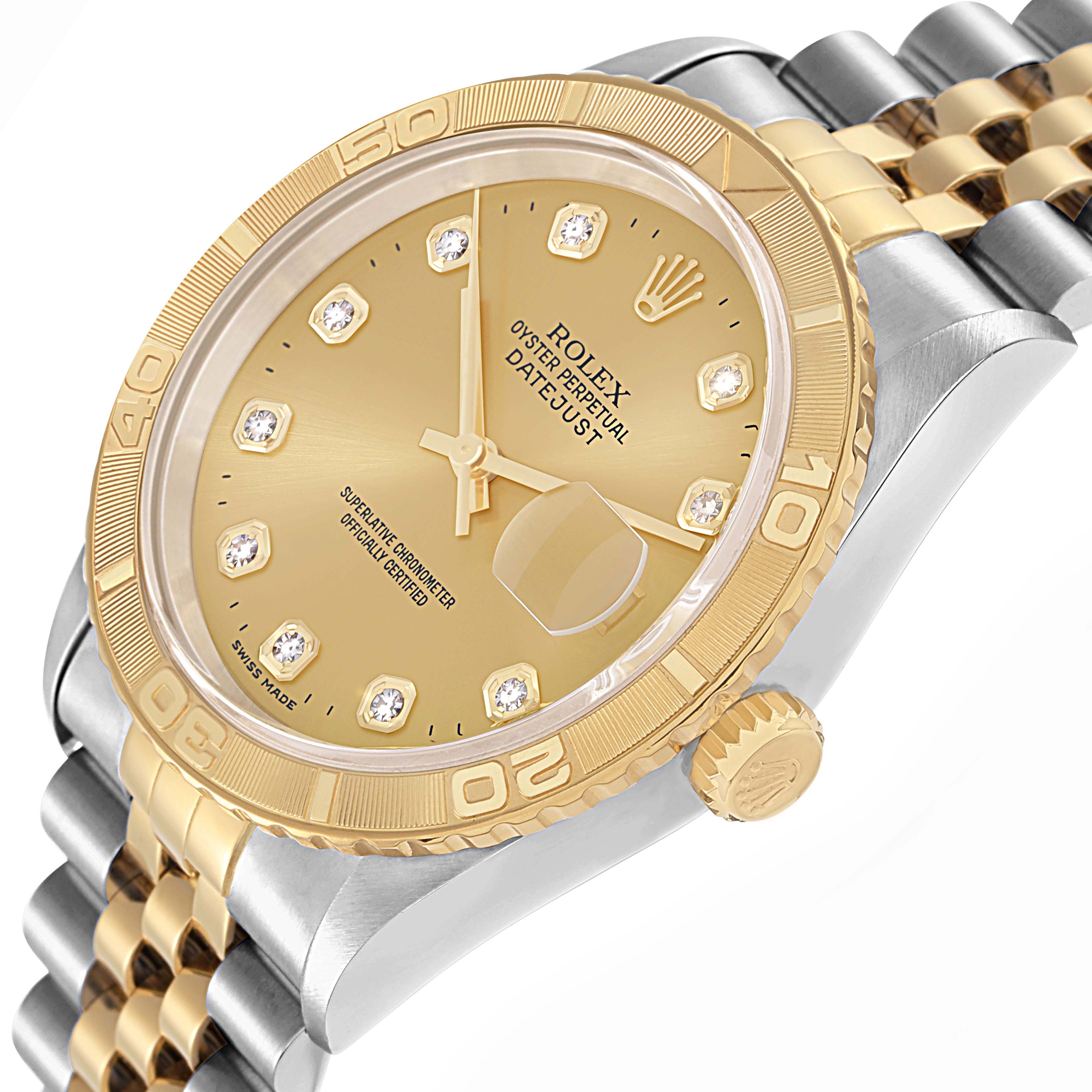 The image shows a Rolex Turn-o-Graph 16263 Men
s Steel and Gold (two tone) Champagne Dial 16263 Men
s Steel and Gold (two tone) Champagne Dial watch from an angled view, highlighting the golden bezel, dial, and crown, along with the jubilee band.