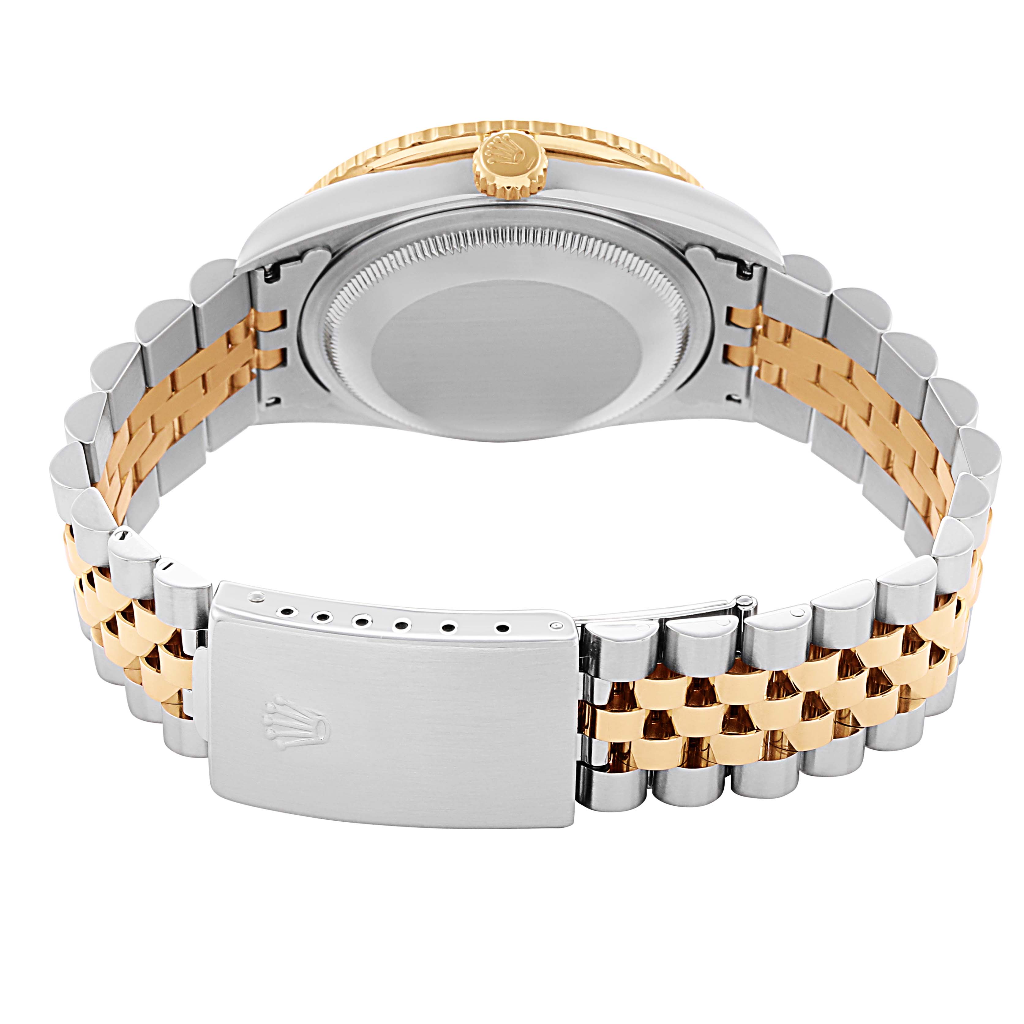 The image shows the back of the Rolex Turn-o-Graph 16263 Men
s Steel and Gold (two tone) Champagne Dial 16263 Men
s Steel and Gold (two tone) Champagne Dial watch, highlighting the bracelet and clasp.