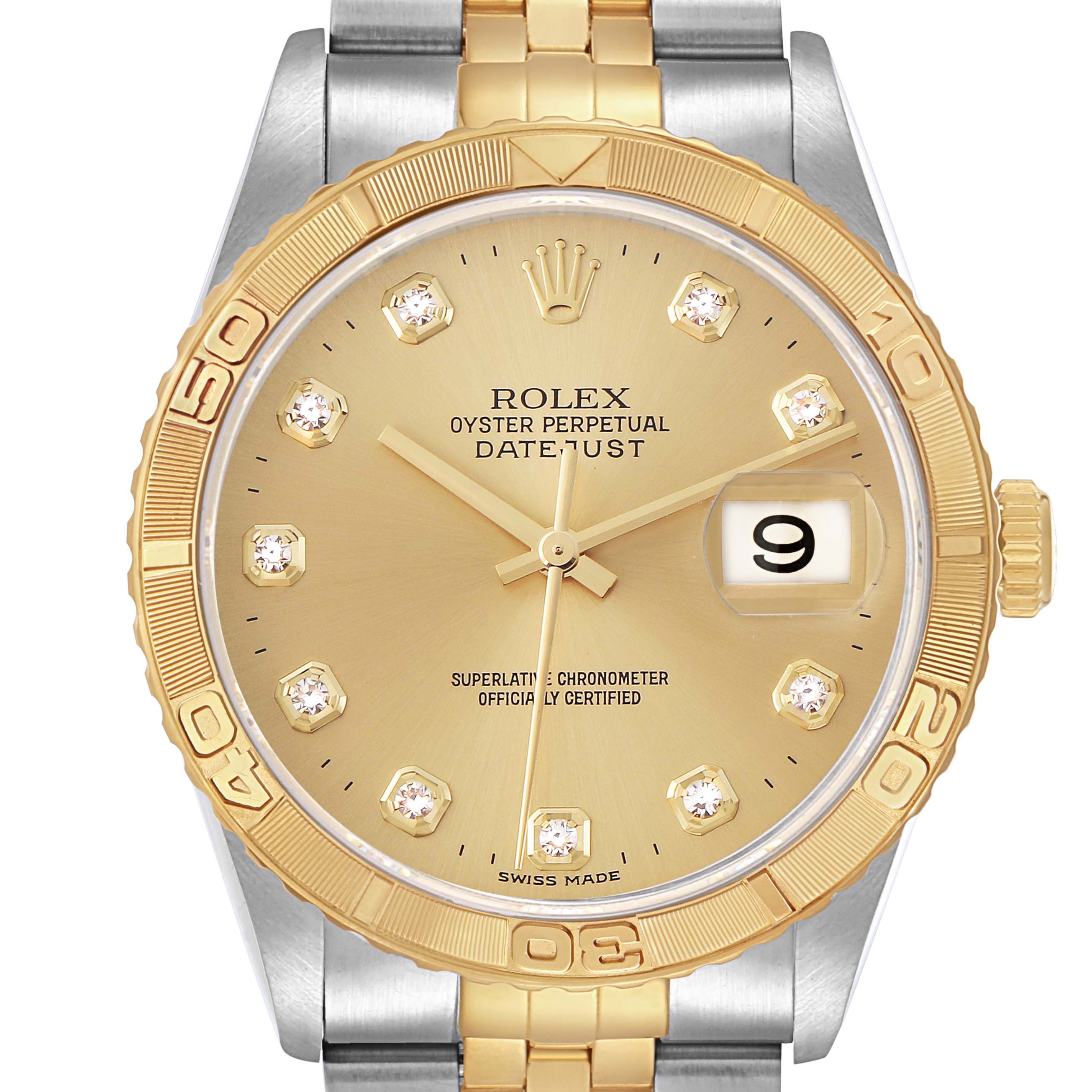 The Rolex Turn-o-Graph 16263 Men
s Steel and Gold (two tone) Champagne Dial 16263 Men
s Steel and Gold (two tone) Champagne Dial watch is shown from the front, displaying its dial, bezel, and partially the bracelet.