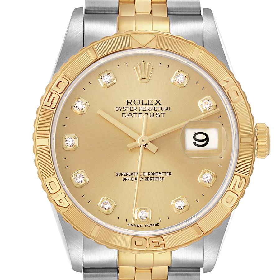 The Rolex Turn-o-Graph watch is shown from the front, displaying its dial, bezel, and partially the bracelet.