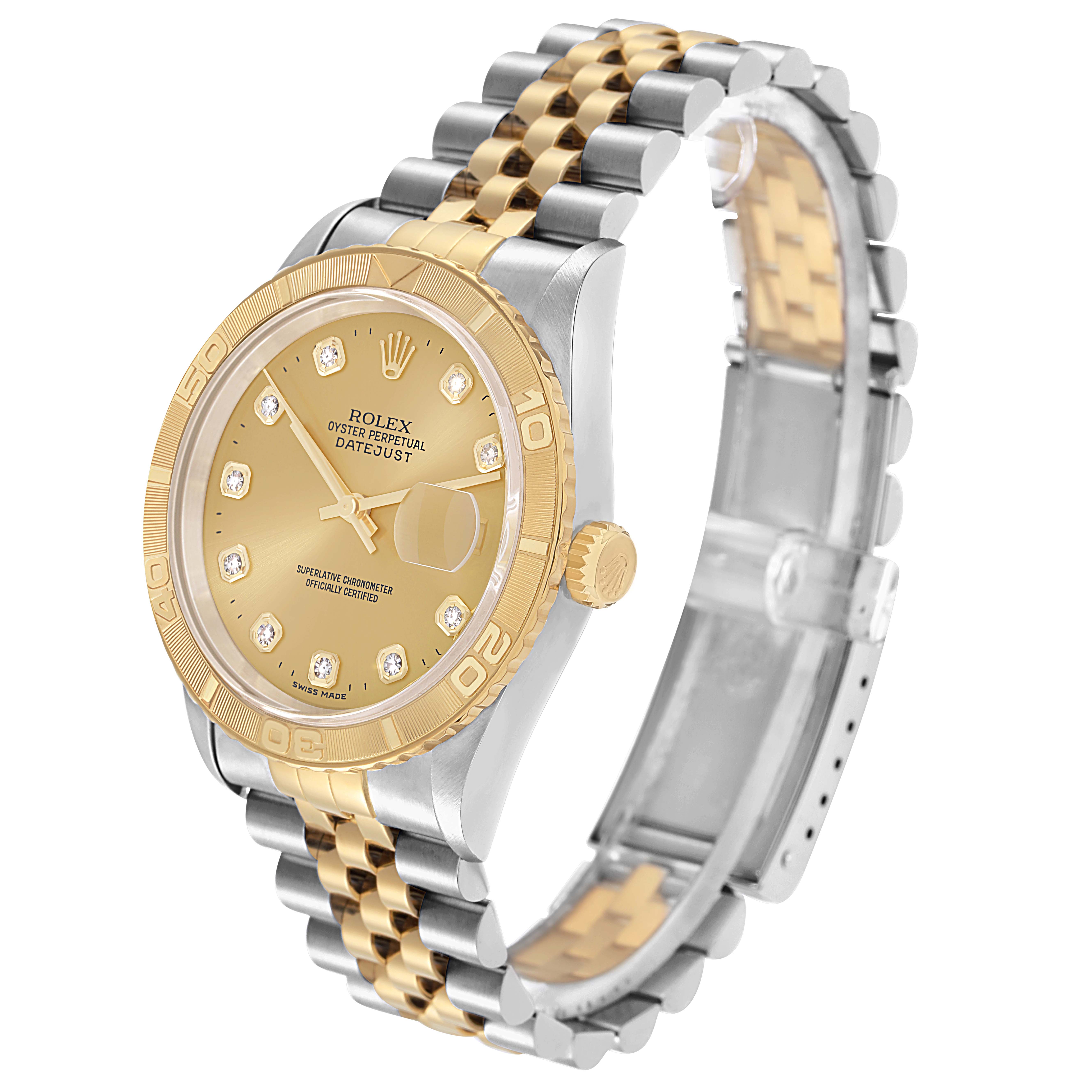 The Rolex Turn-o-Graph 16263 Men
s Steel and Gold (two tone) Champagne Dial 16263 Men
s Steel and Gold (two tone) Champagne Dial watch is shown at an angle highlighting the face, bezel, and two-tone metal bracelet.