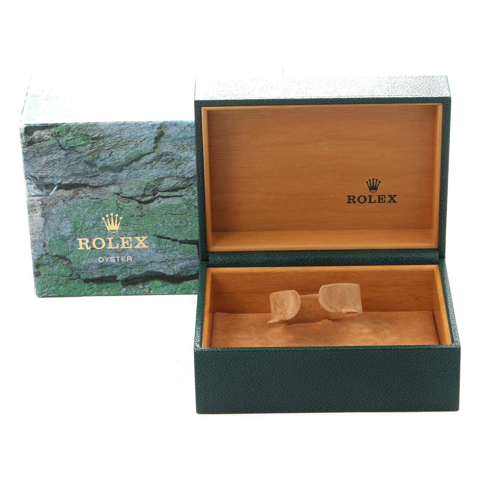 The image shows an open green Rolex watch box and cover, designed for the Turn-o-Graph model, with a cushion inside.
