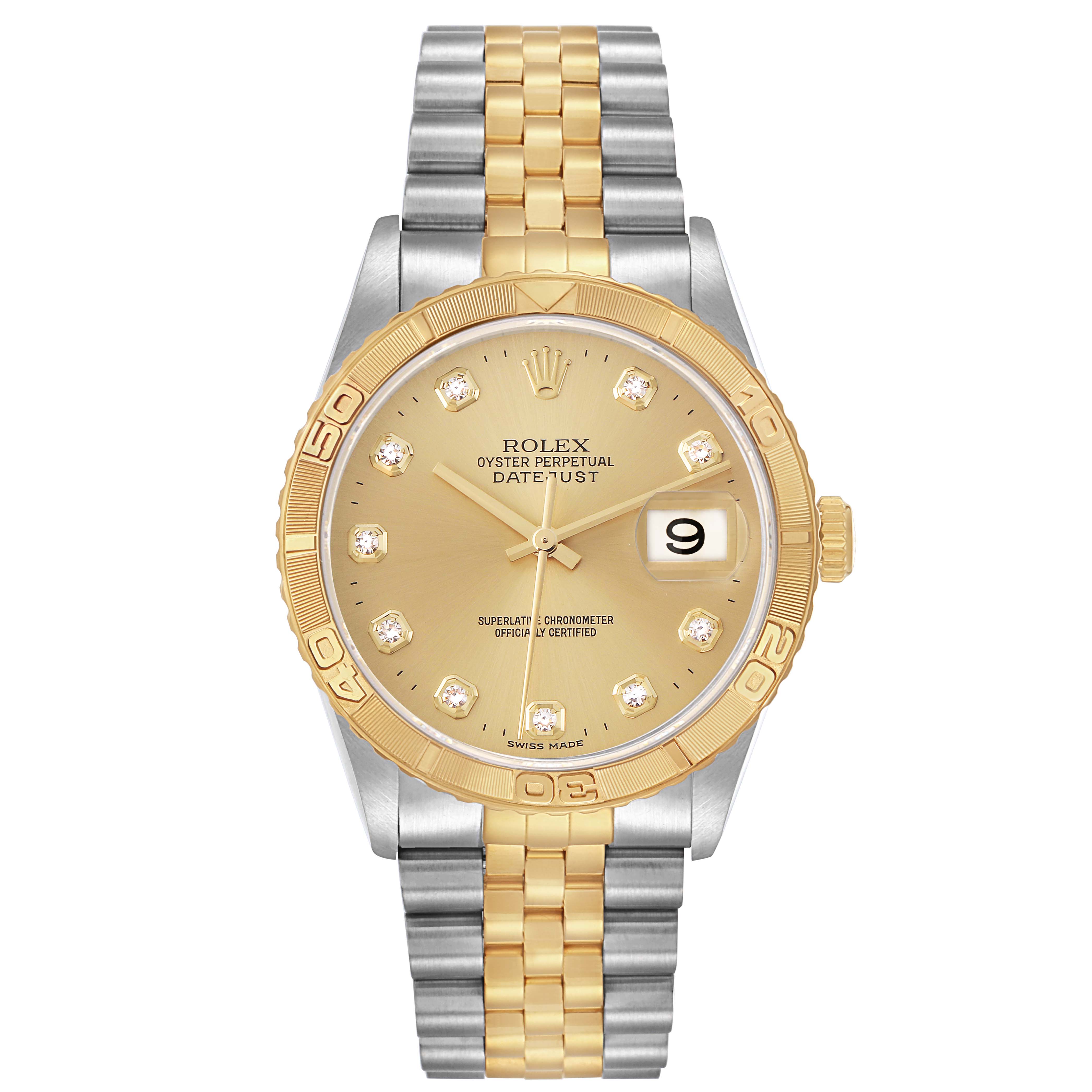 The Rolex Turn-o-Graph 16263 Men
s Steel and Gold (two tone) Champagne Dial 16263 Men
s Steel and Gold (two tone) Champagne Dial watch is shown from a front angle, displaying the dial, two-tone bezel, and bracelet clearly.