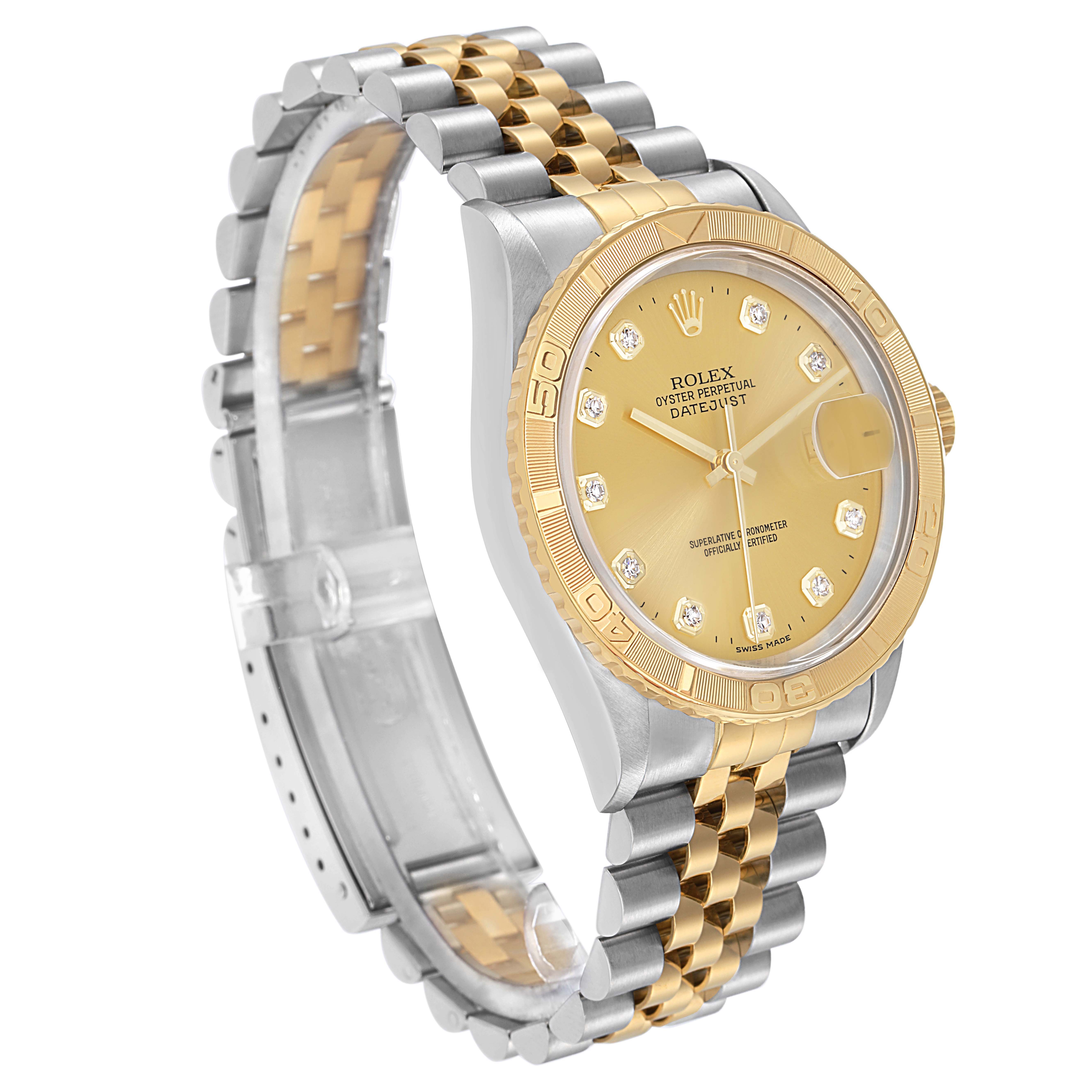 The Rolex Turn-o-Graph 16263 Men
s Steel and Gold (two tone) Champagne Dial 16263 Men
s Steel and Gold (two tone) Champagne Dial watch is shown at a side angle, highlighting the gold bezel, dial, and two-tone bracelet.