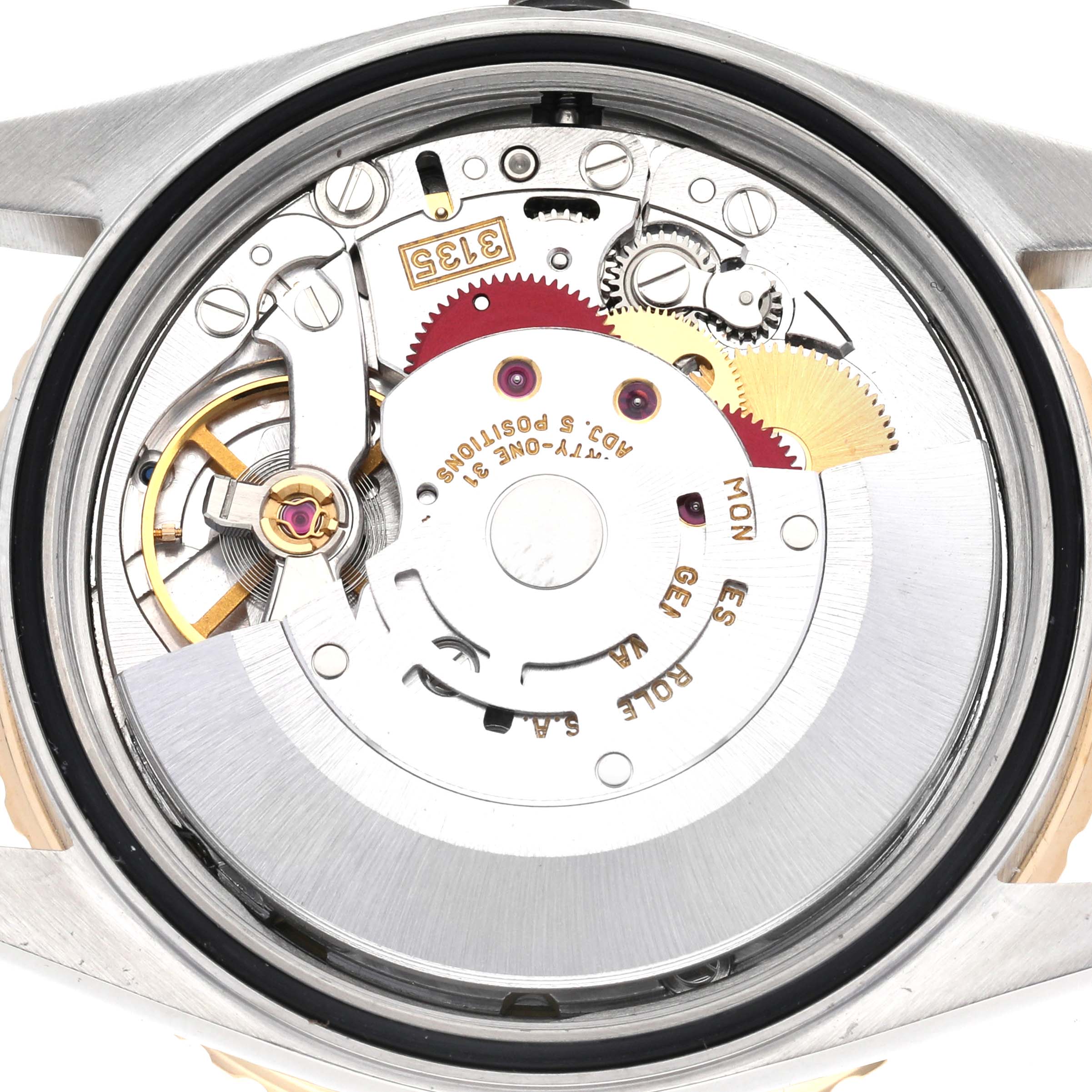 The image shows the Rolex Turn-o-Graph 16263 Men
s Steel and Gold (two tone) Champagne Dial 16263 Men
s Steel and Gold (two tone) Champagne Dial watch from the back, highlighting its intricate mechanical movement and gears.