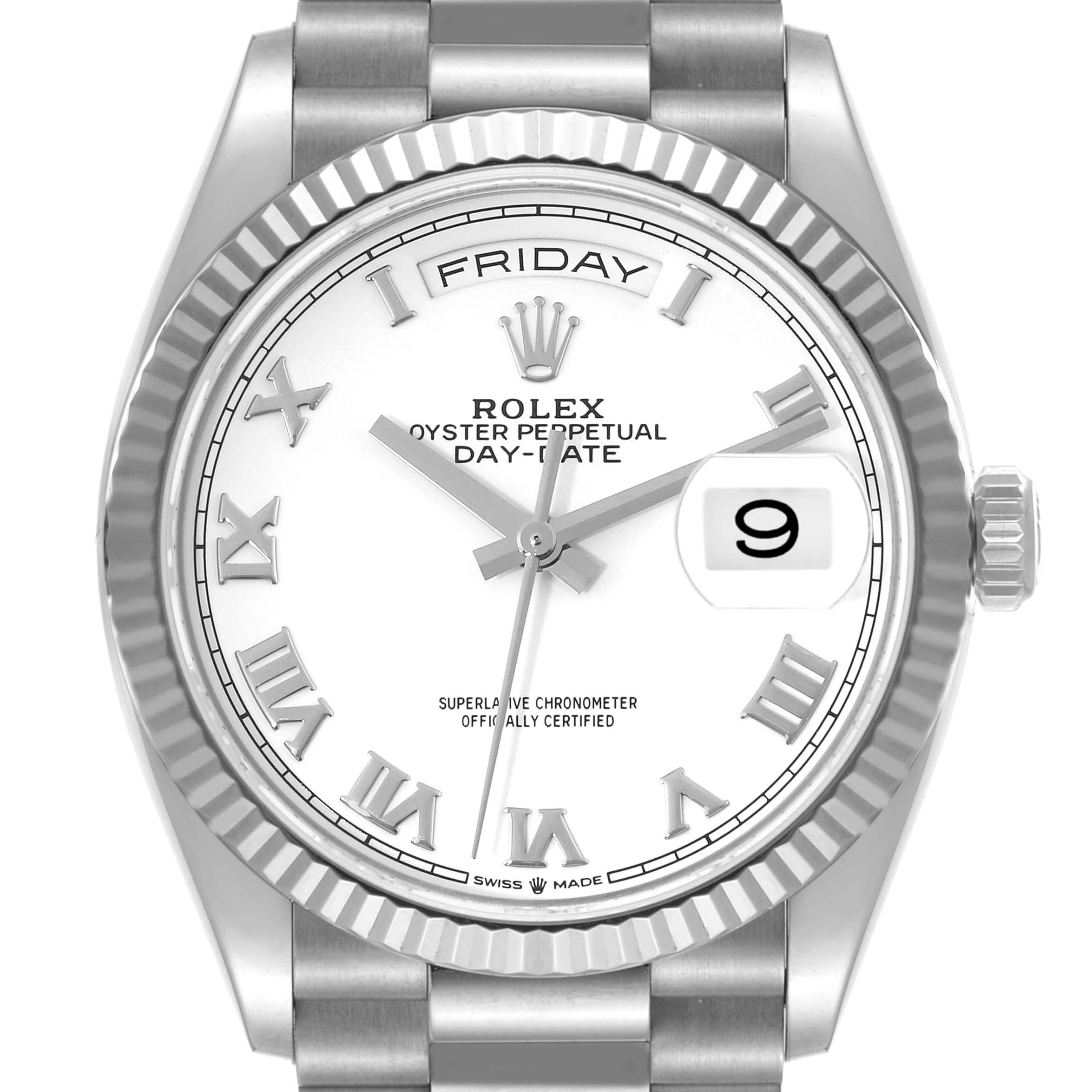 This image shows a front view of the Rolex Oyster Perpetual Day-Date President model, highlighting the dial, bezel, and bracelet.