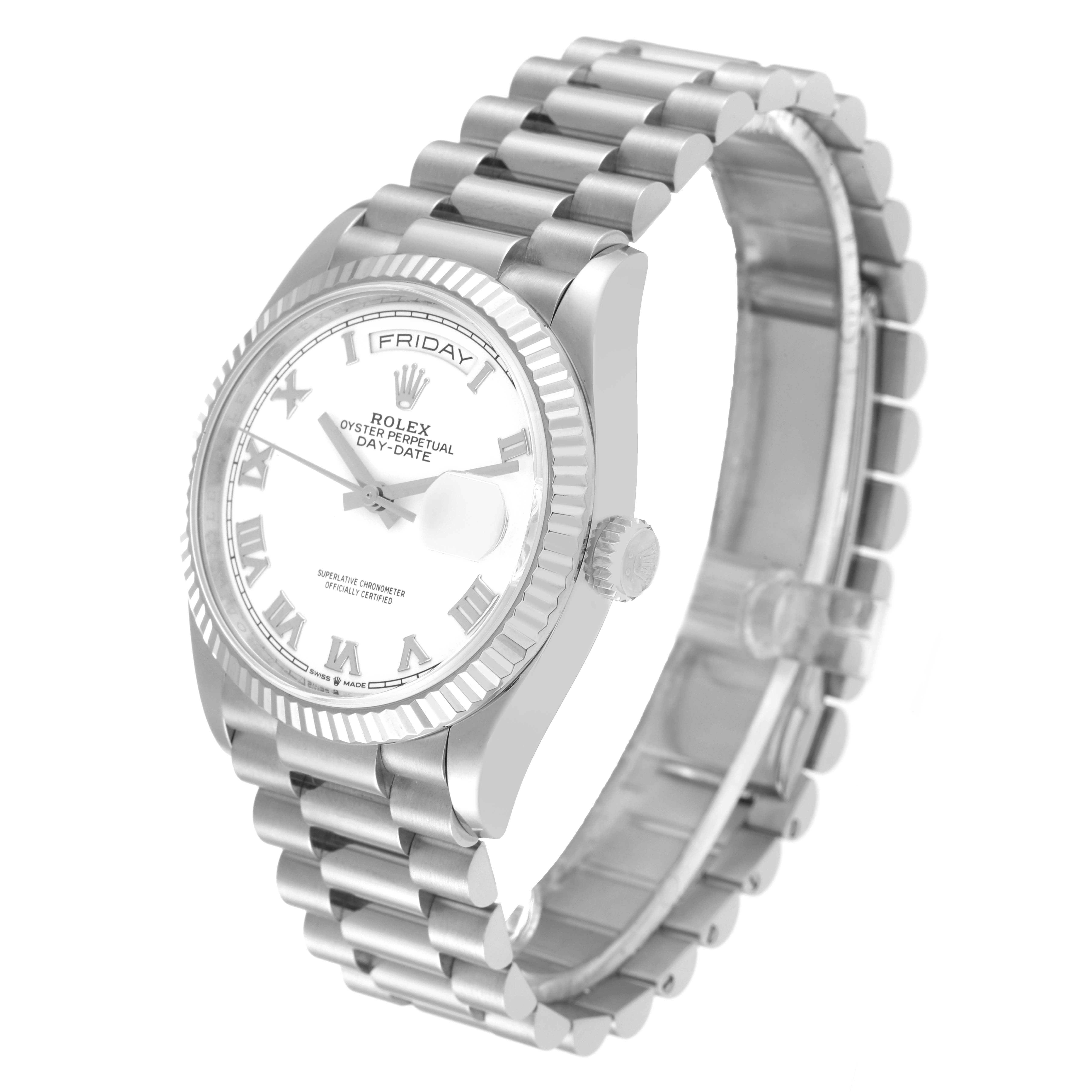 This image shows the Rolex President 128239 Men's White Gold White Dial 128239 Men's White Gold White Dial model watch at an angle showcasing its face, bezel, crown, and bracelet.
