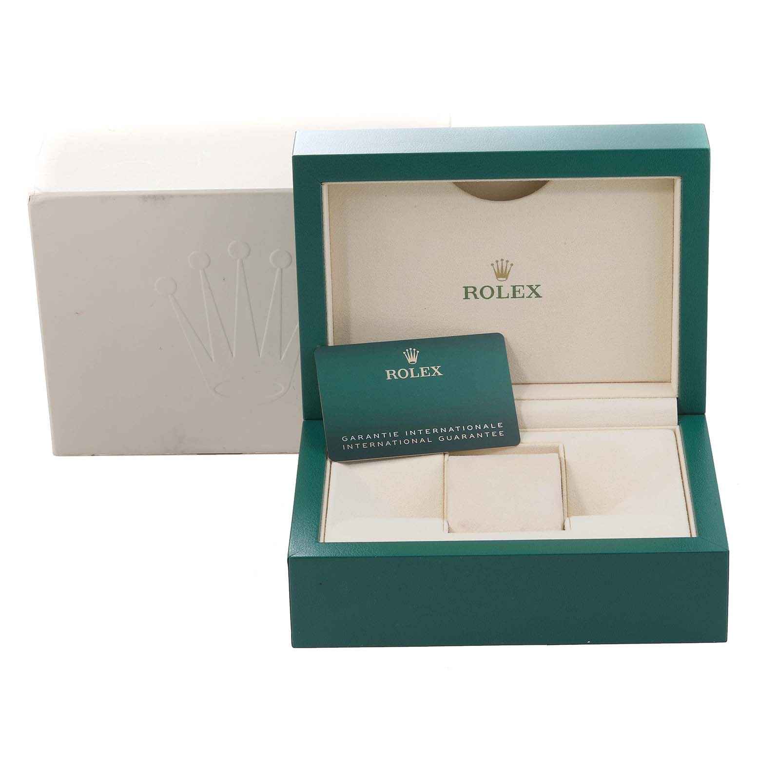 The image shows the Rolex President 128239 Men's White Gold White Dial 128239 Men's White Gold White Dialial model watch box, its outer packaging, and an international guarantee card.