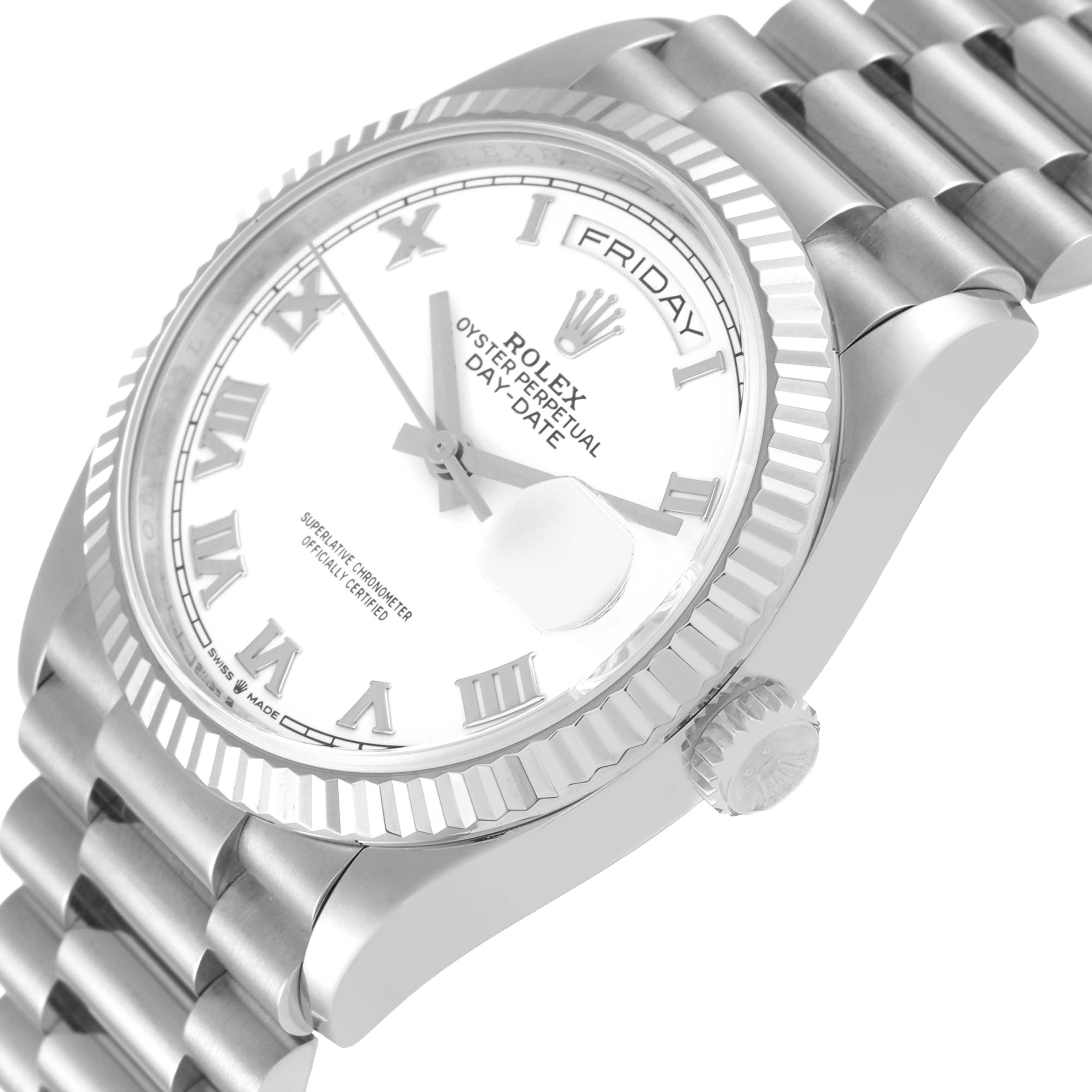 This image shows a side angle of the Rolex President 128239 Men's White Gold White Dial 128239 Men's White Gold White Dial watch, highlighting the face, bezel, crown, and part of the bracelet.
