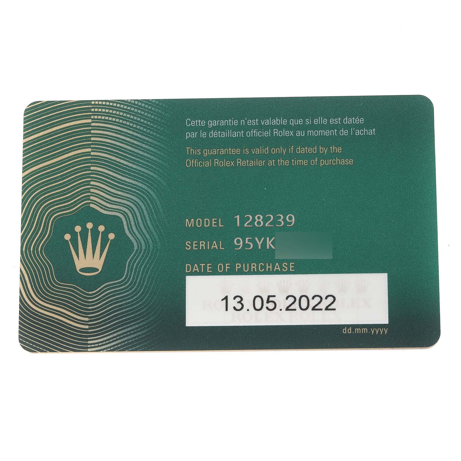 This image shows a warranty card for a Rolex President 128239 Men's White Gold White Dial 128239 Men's White Gold White Dial model 128239, including purchase date and serial number.