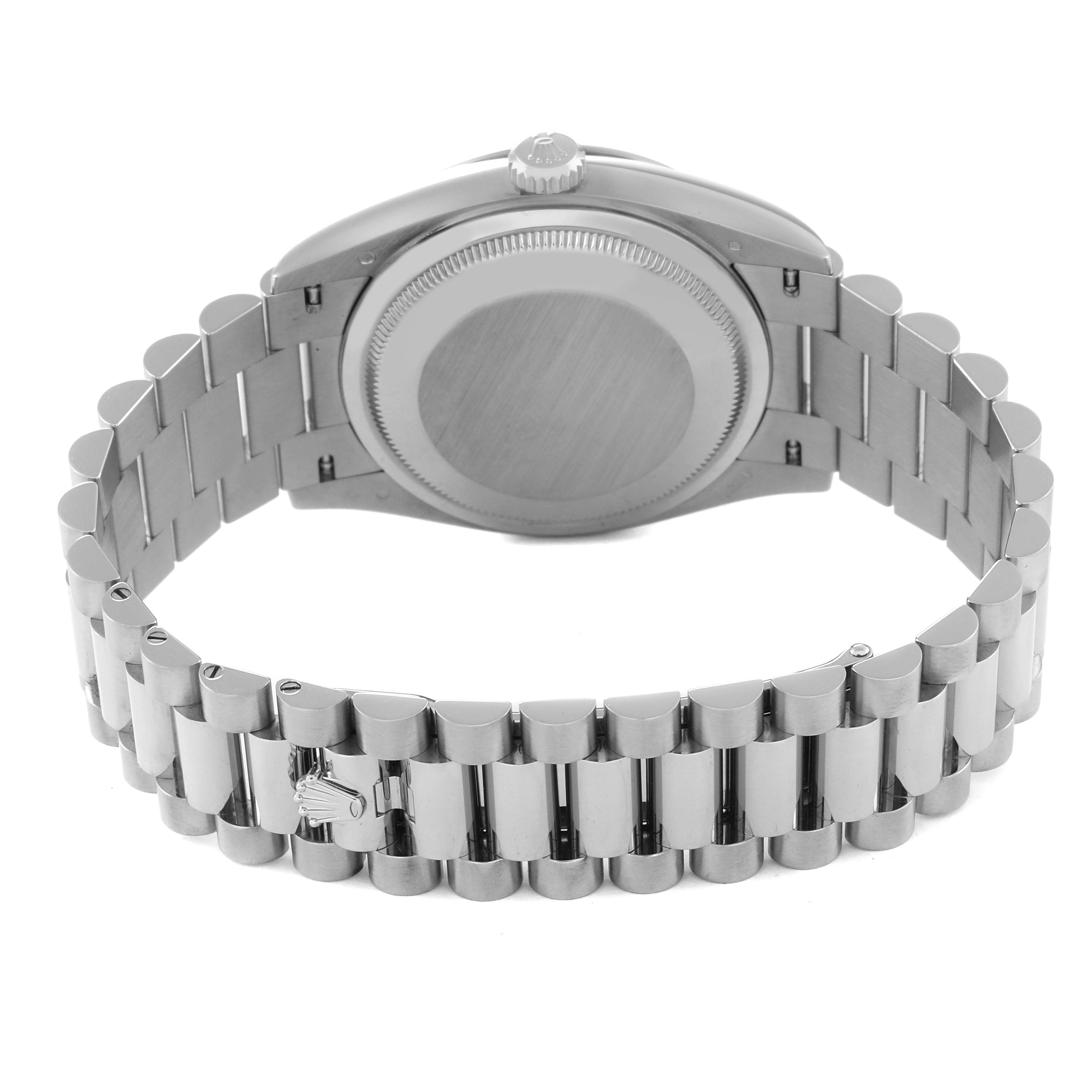 The image shows the back view of the Rolex President 128239 Men's White Gold White Dial 128239 Men's White Gold White Dial model watch, focusing on the case back and the bracelet.