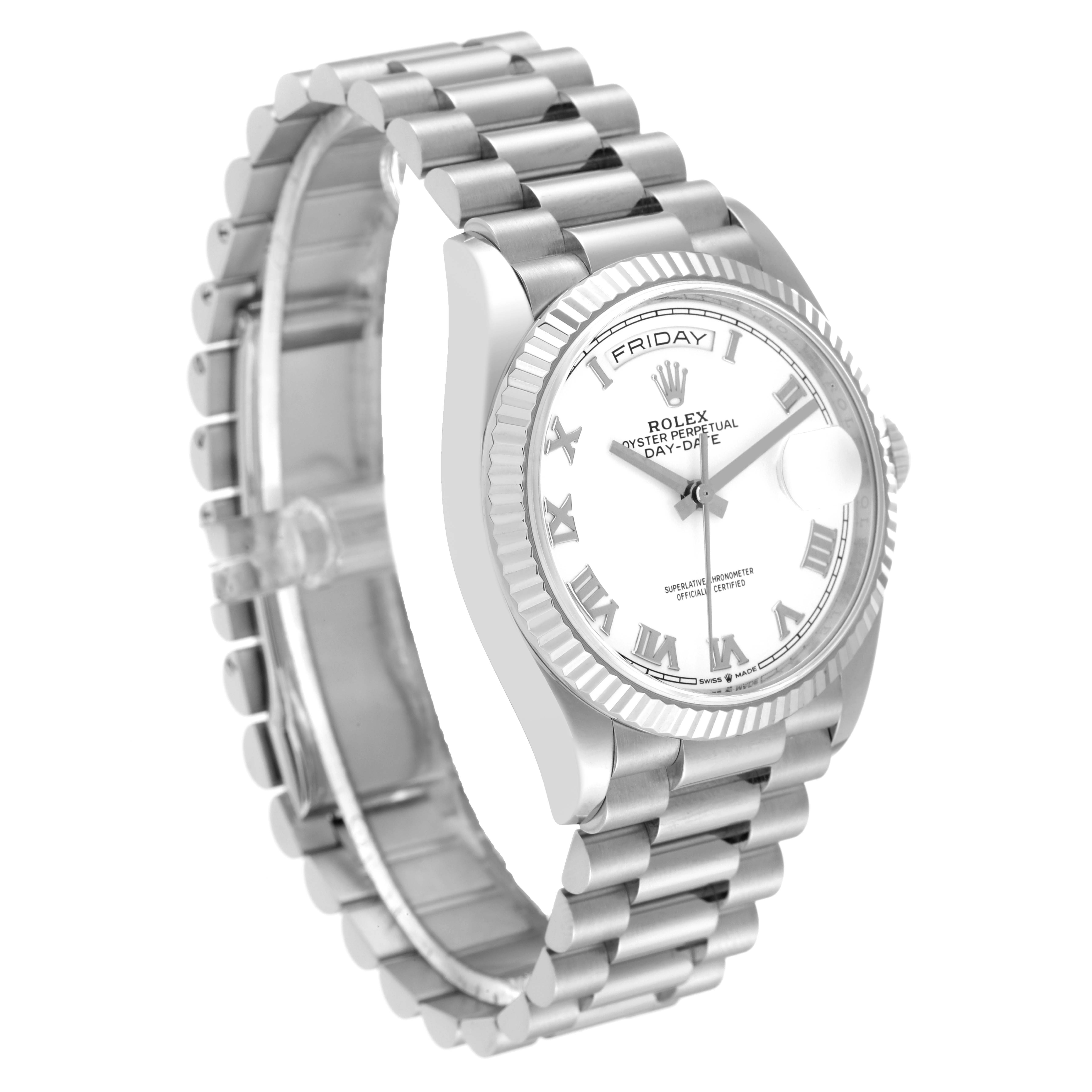 The image shows a Rolex President 128239 Men's White Gold White Dial 128239 Men's White Gold White Dial model watch from a side-angle, highlighting its face, bezel, and bracelet.