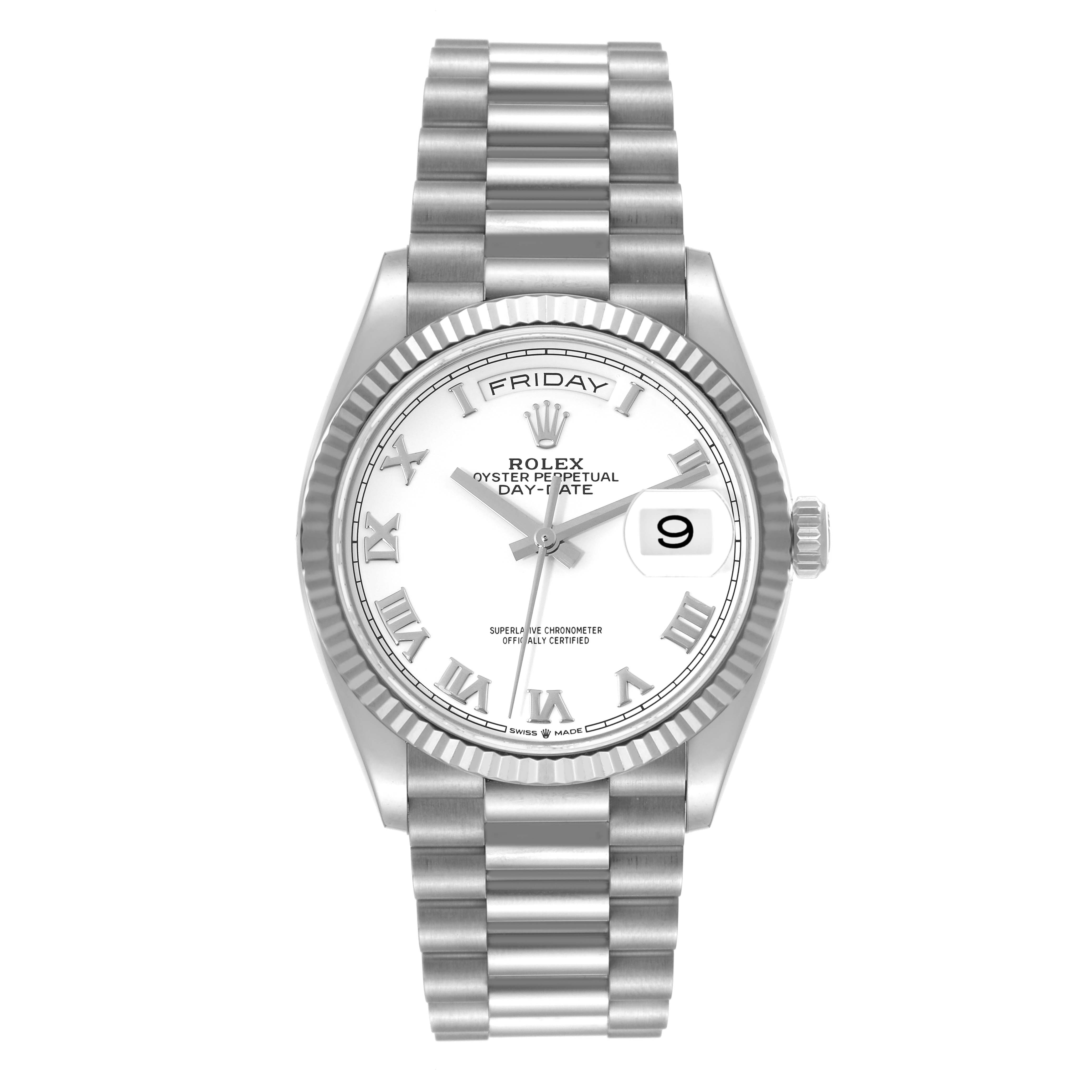 This image shows a front view of the Rolex President 128239 Men's White Gold White Dial 128239 Men's White Gold White Dial model watch, displaying its face, bezel, and bracelet.