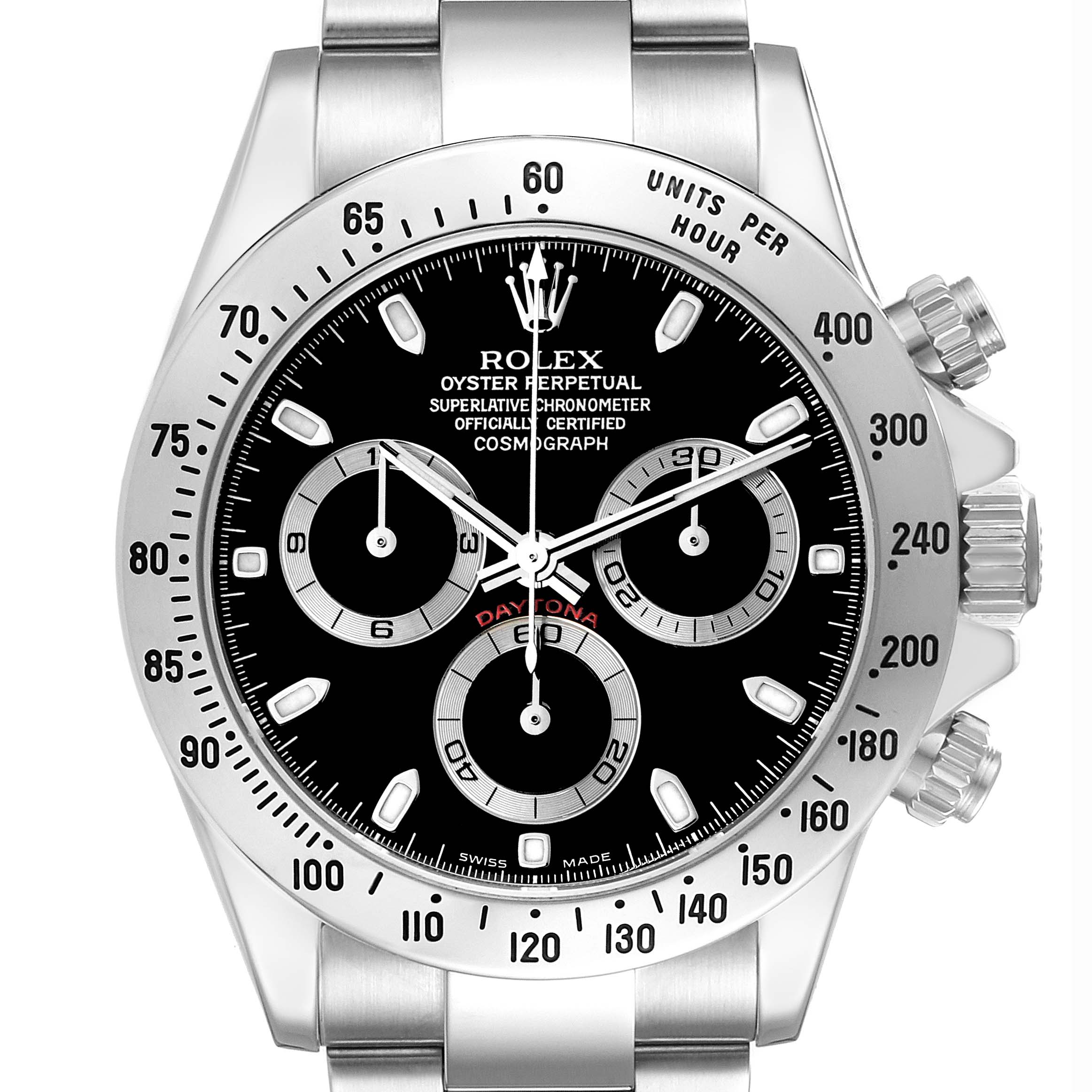 The Rolex Daytona 116520 Men's Stainless Steel Black Dial 116520 Men's Stainless Steel Black Dial watch is shown from the front, highlighting the dial, tachymetric bezel, and chronograph subdials.