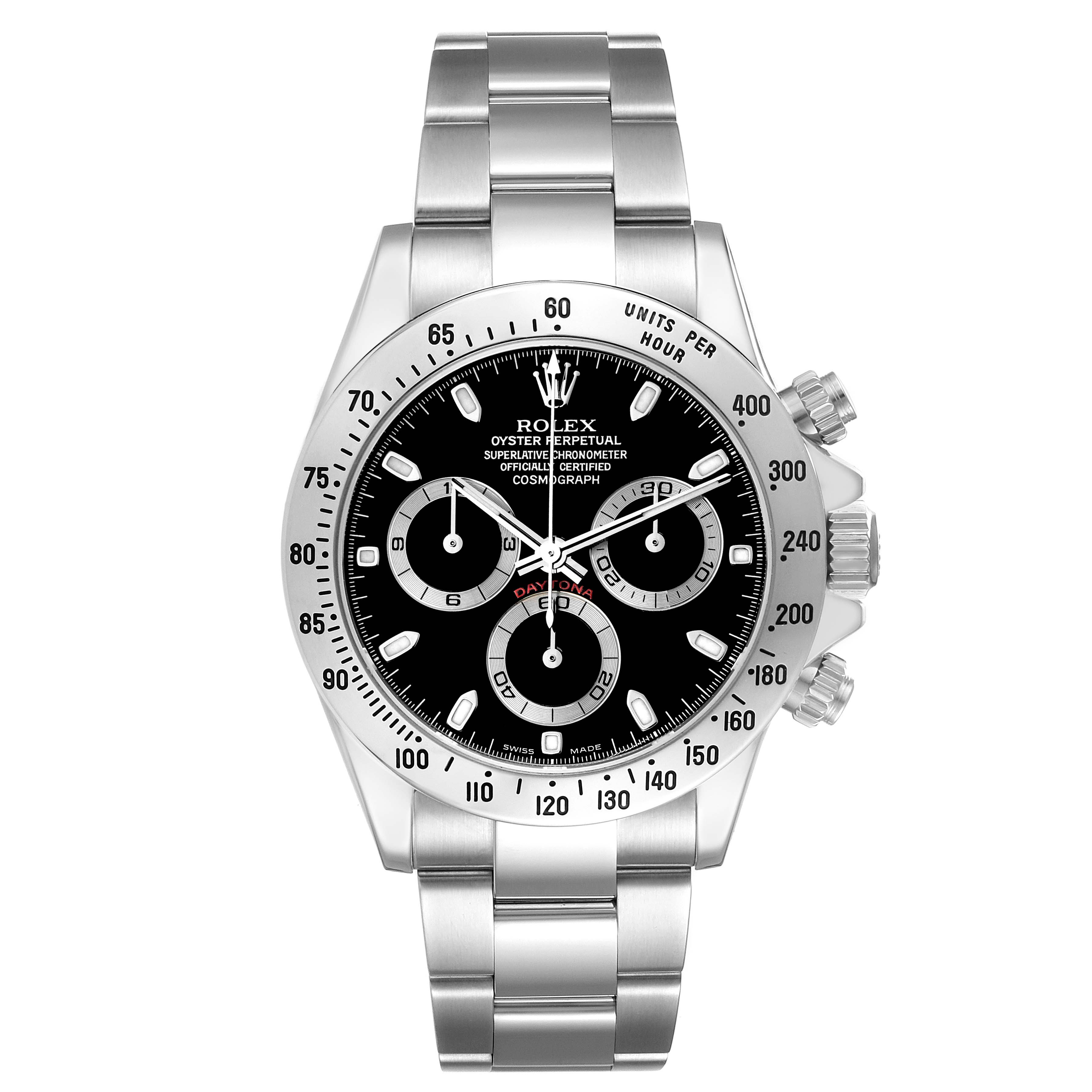 The Rolex Daytona 116520 Men's Stainless Steel Black Dial 116520 Men's Stainless Steel Black Dial watch is shown from a front angle, highlighting the black dial, chronograph subdials, and stainless steel bracelet.