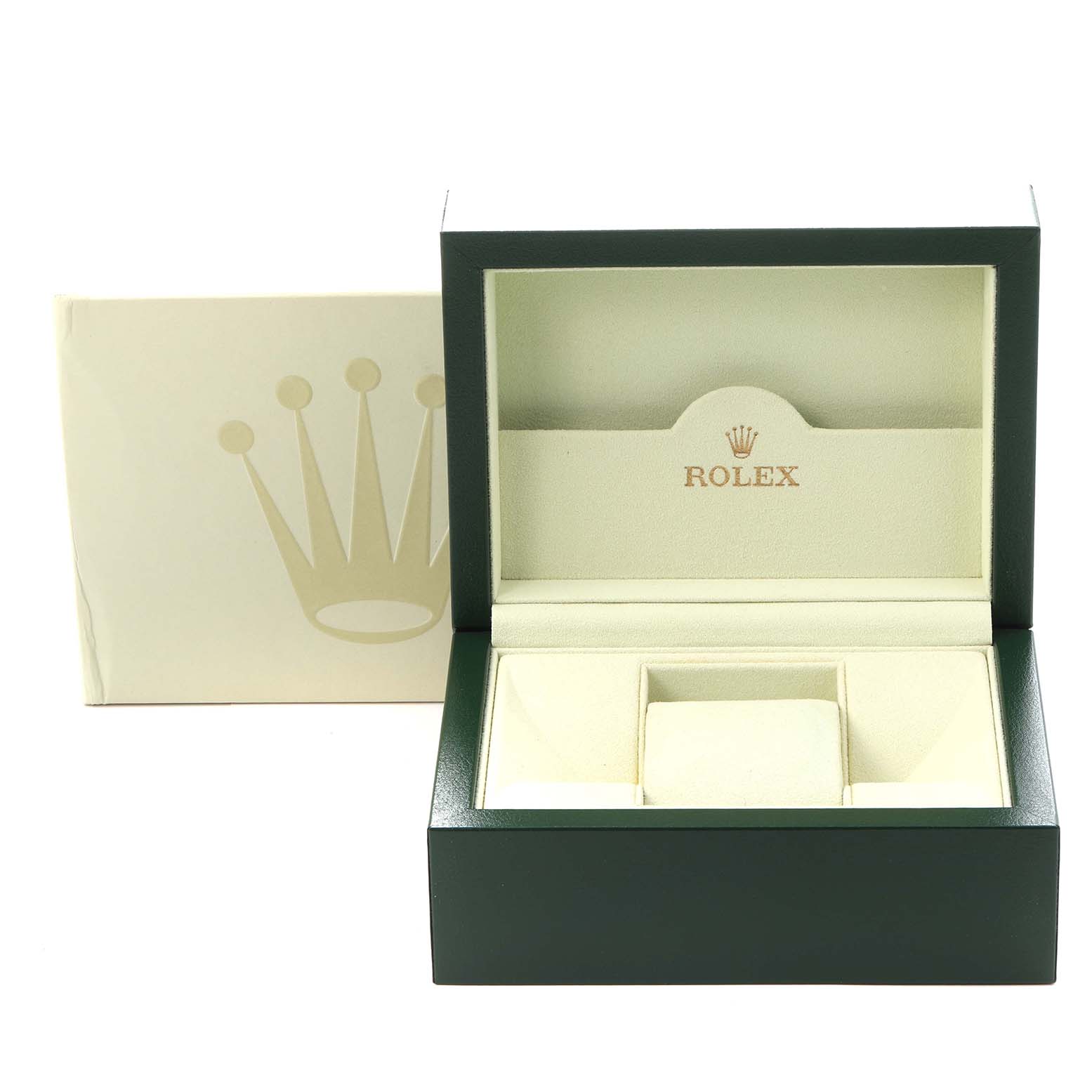 The image shows an open Rolex Daytona 116520 Men's Stainless Steel Black Dial 116520 Men's Stainless Steel Black Dial watch box and packaging, revealing the interior compartment at a front-angle view.